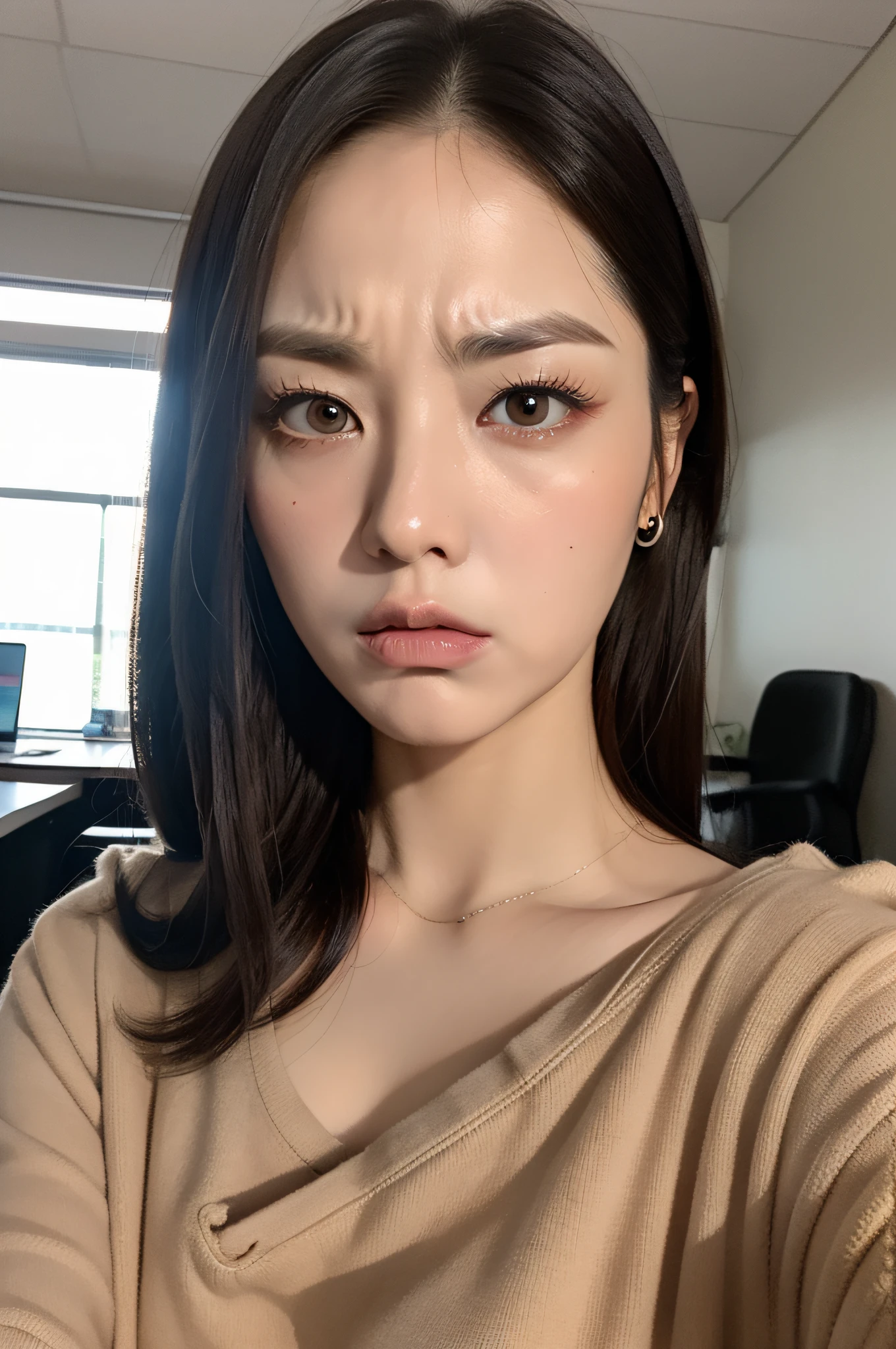 (((anger)))、Angry eyes、Angry eyebrows、Angry mouth、menacing、beste Quality、in 8K、masterspiece:1.3、Sharp focus:1.2、Woman with perfect body shape:1.4、Realistic rays、s Office、coffee