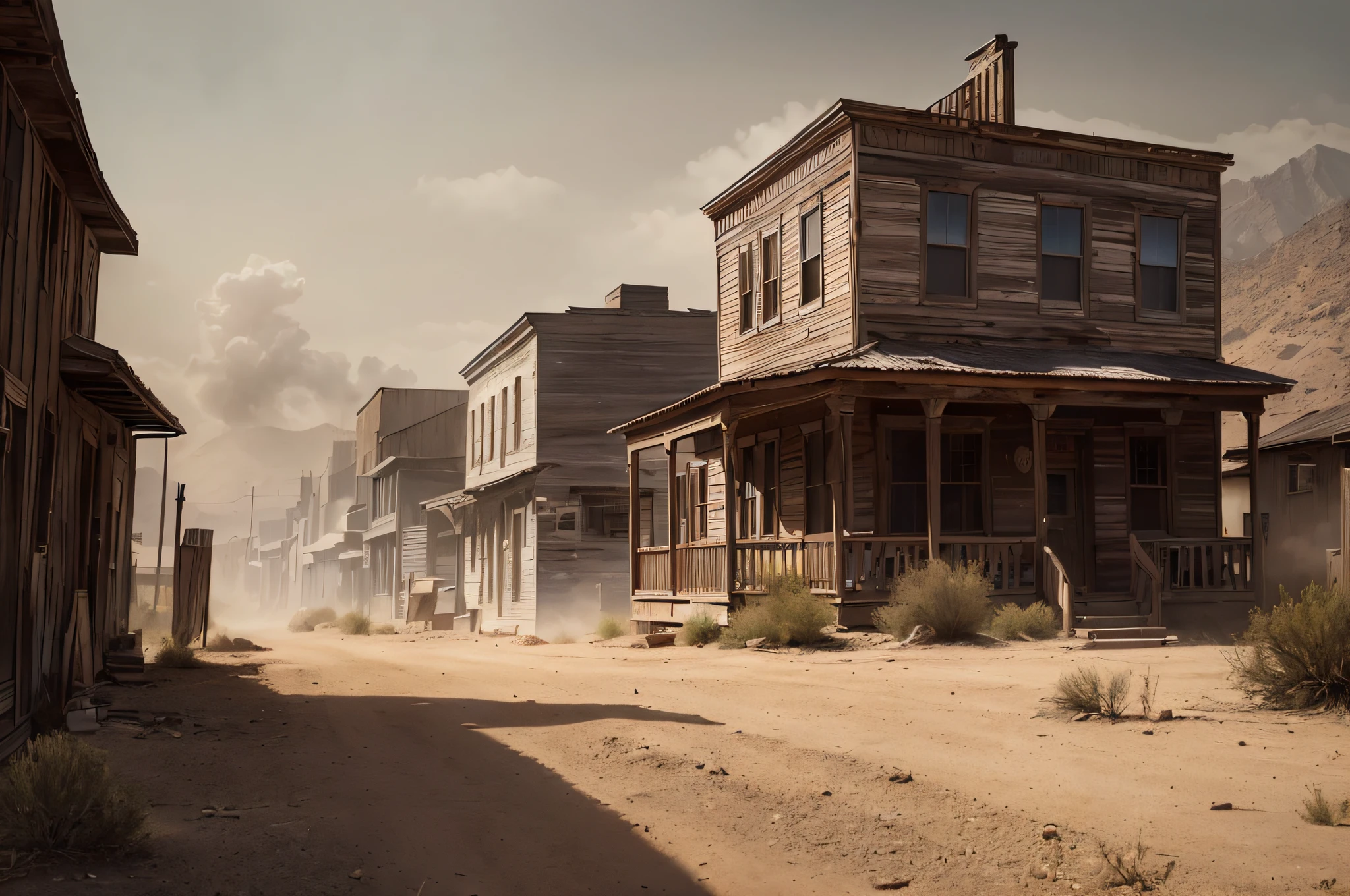 ((photo)), ((best quality)), ((masterpiece)), ((detailed)), ((cinematic shot), ((captured from eye level)), building exterior, an authentic, classic 1850's western movie style ghost town backdrop, dust storm background, tumble weeds scattered around.