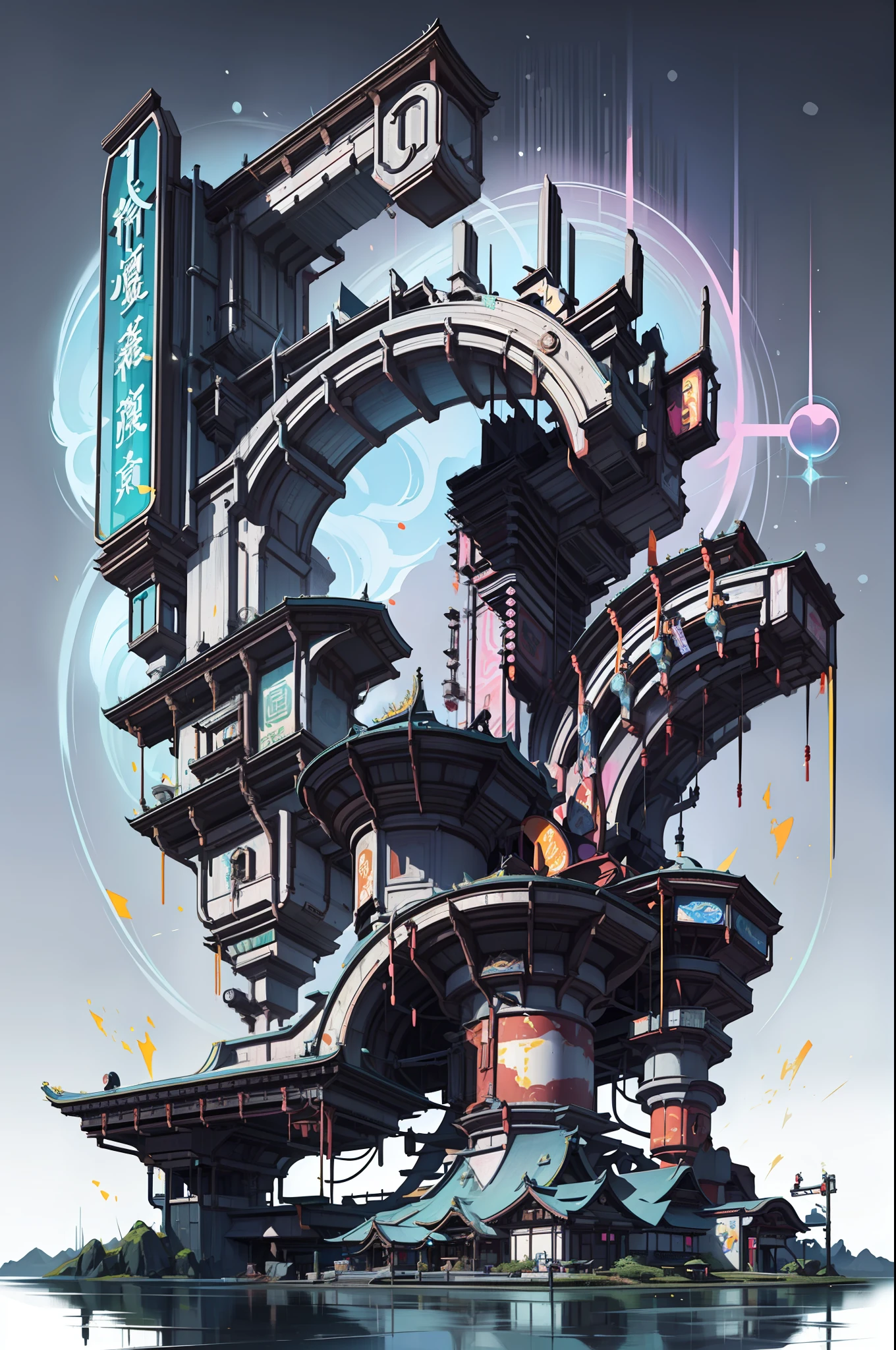 （cyber punk style，Mechanical elements，Hologram aura，Surreal Science Fiction Art，Future Science Fiction Aesthetics），Game Academy，Ethno-style architecture，Ancient Chinese，Structurally sound、high-definition details，Science fiction，neon lit，The cyberpunk，Particle effects，perfect works，White background，（杰作，premier quality，best qualitiy，officlal art，Beauty and aesthetics：1.2），（8K，best qualitiy，杰作：1.2）