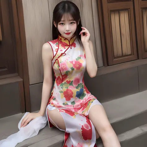 red Cheongsam、beautiful chinese woman、Giant tits、beauty legs