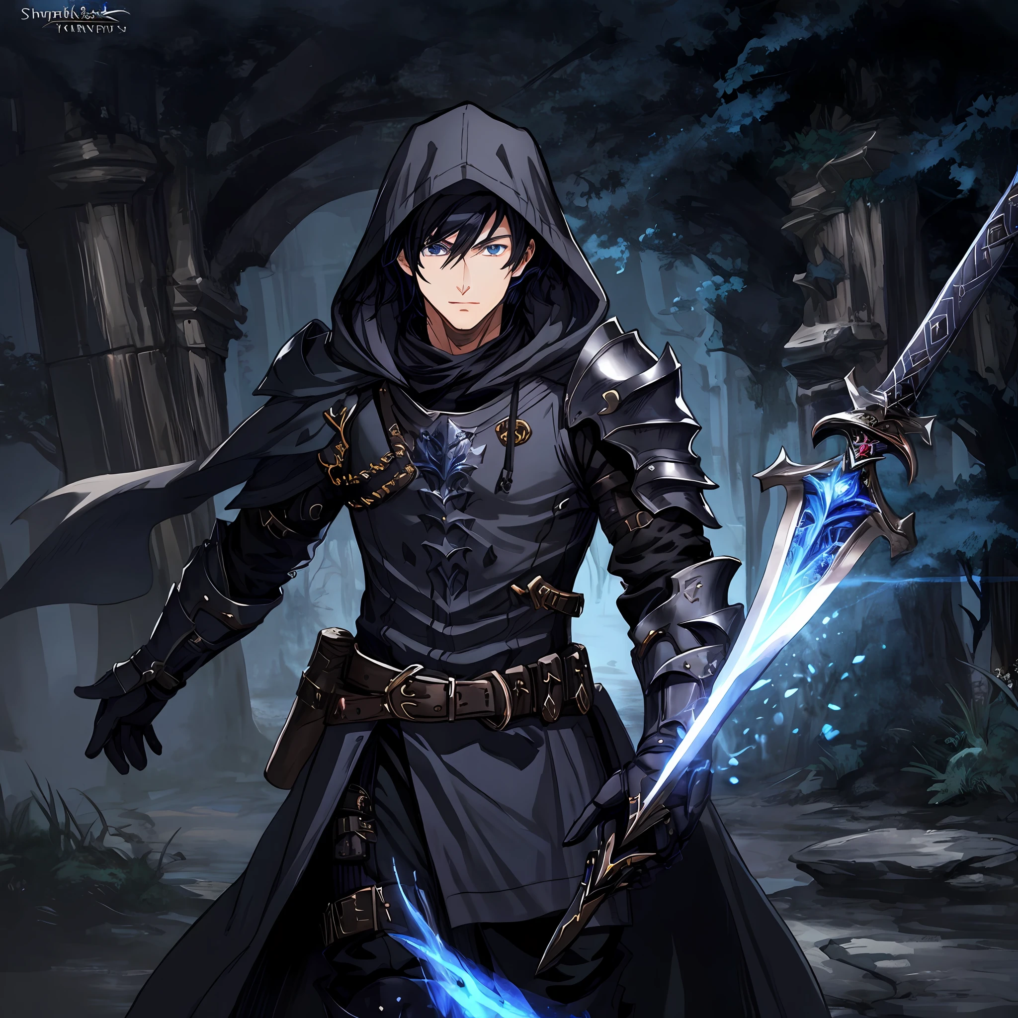 male, black armor, coat, fantasy, western sword, blue eyes, black hair, mage knight, hooded, short hair, solo, adult, masterpiece, highly detailed, shadowverse style