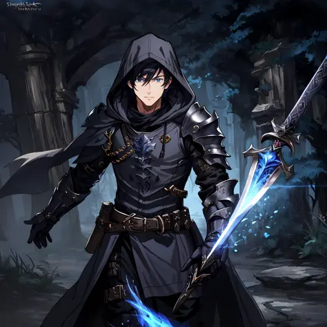 male, black armor, coat, fantasy, western sword, blue eyes, black hair, mage knight, hooded, short hair, solo, adult, masterpiec...