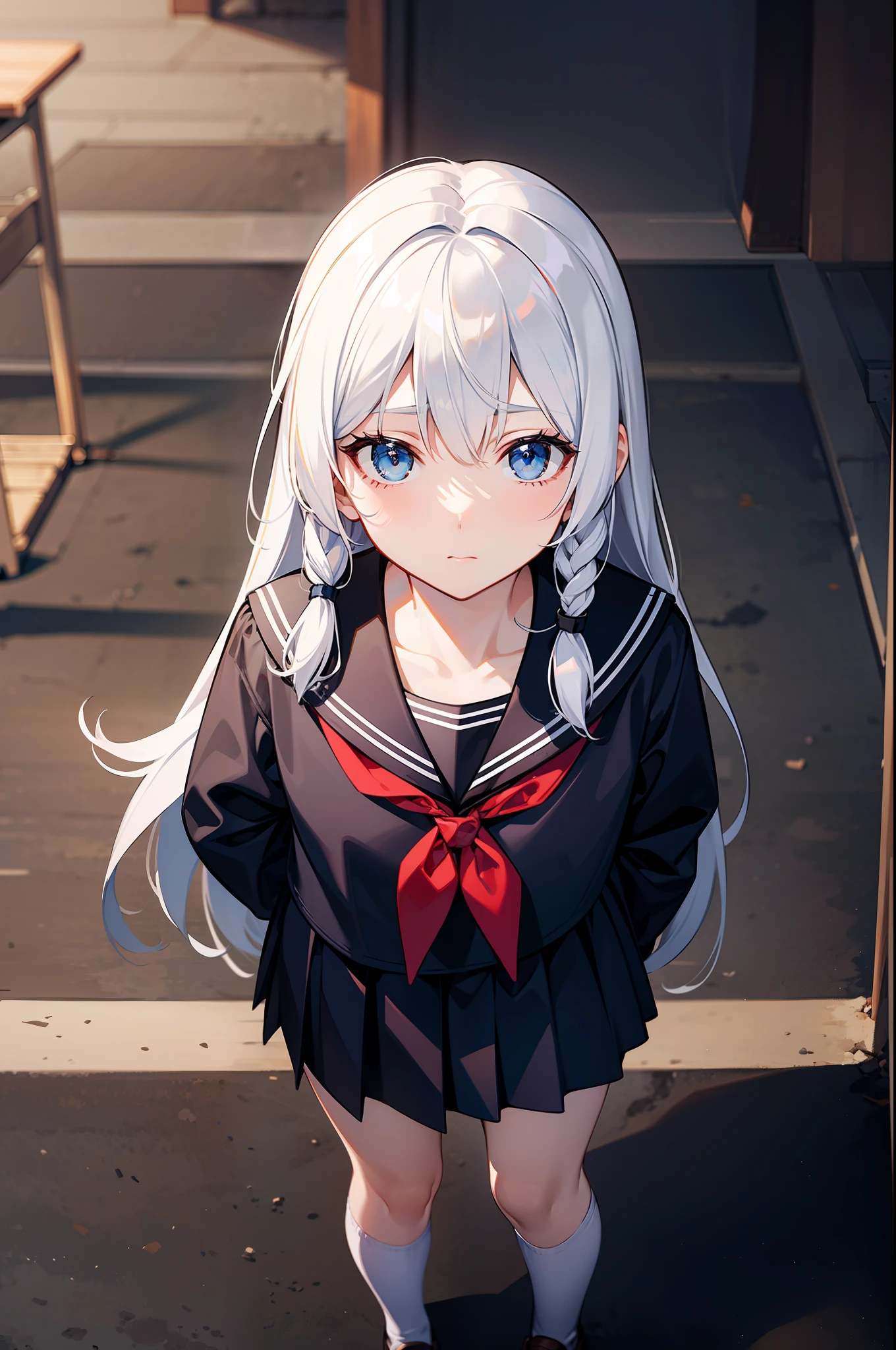master-piece，best qualiy，master-piece，best qualiy，officlal art，extremely detailed CG Unity 8k wallpapers，traditional_media，the girl，single braid，black hair tie，slong hair，white hair，Blue Eye，mediumbreasts,black serafuku，expressionless，school,short braid,from above,standing,shy