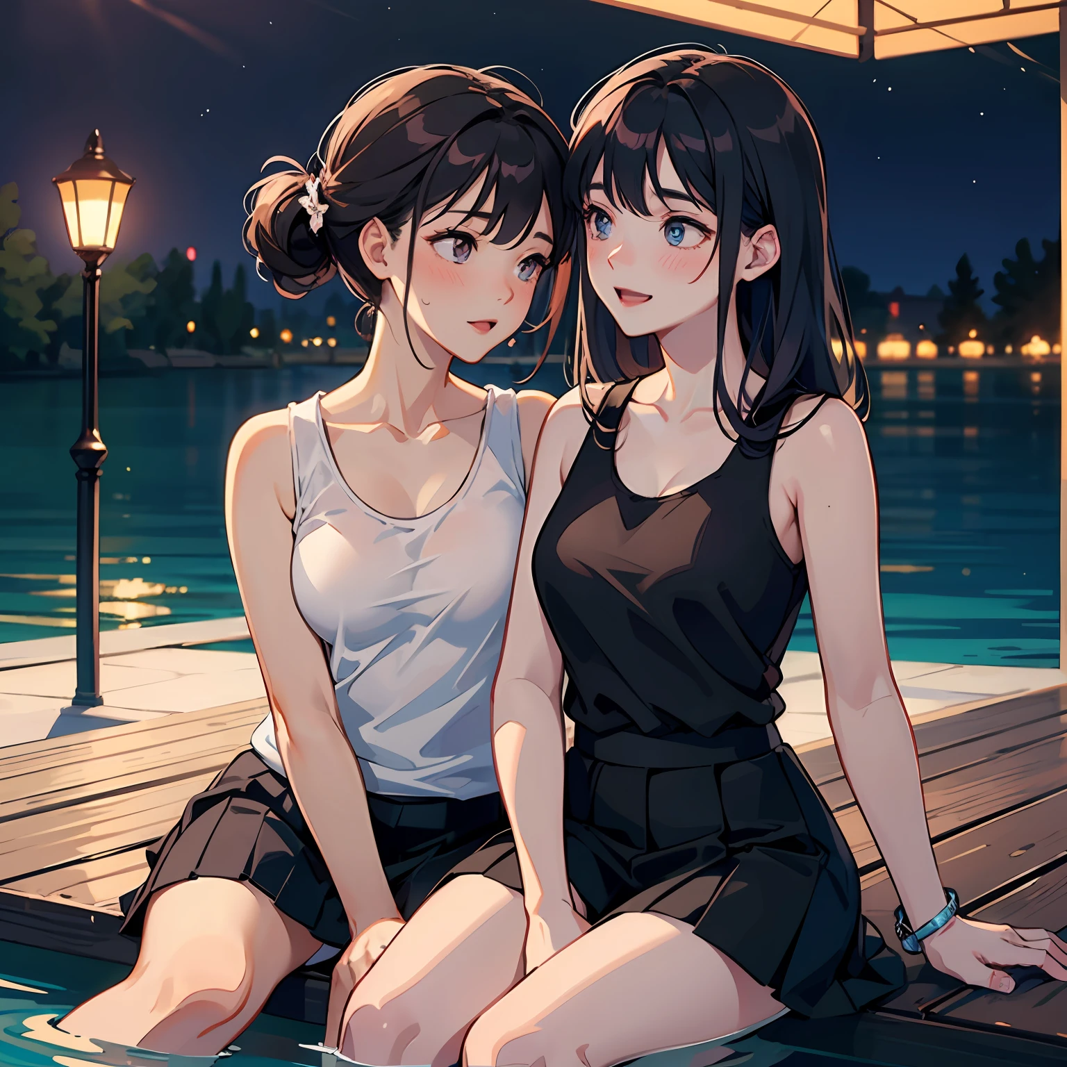 Anime couple sitting on dock at night by water - SeaArt AI