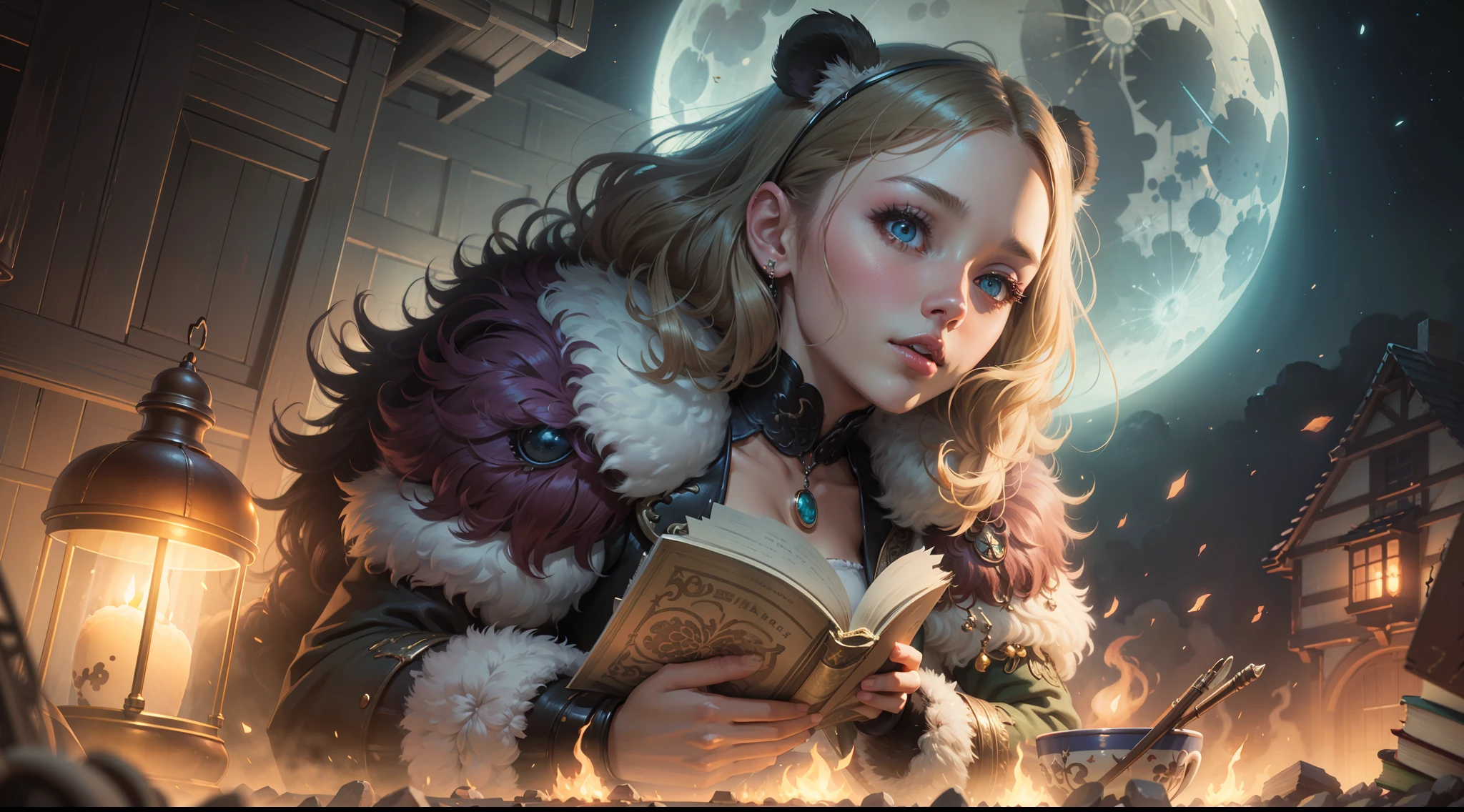 （（（The girl rides on the shoulder of a giant panda reading a magic book））），（（Girl close-up strengthened）），（（（ultra fine））），Night，Moonlight sprinkled on the girl's face，Shoot at 8K resolution，Gasoline liquid，，Lithography in intricate details，dongh（Light particles：1.2），（game concept：1.3），（deep of field:1.3)，Global illumination，well detailed，Trends on ArtStation，Epic shooting，Cinematic lighting