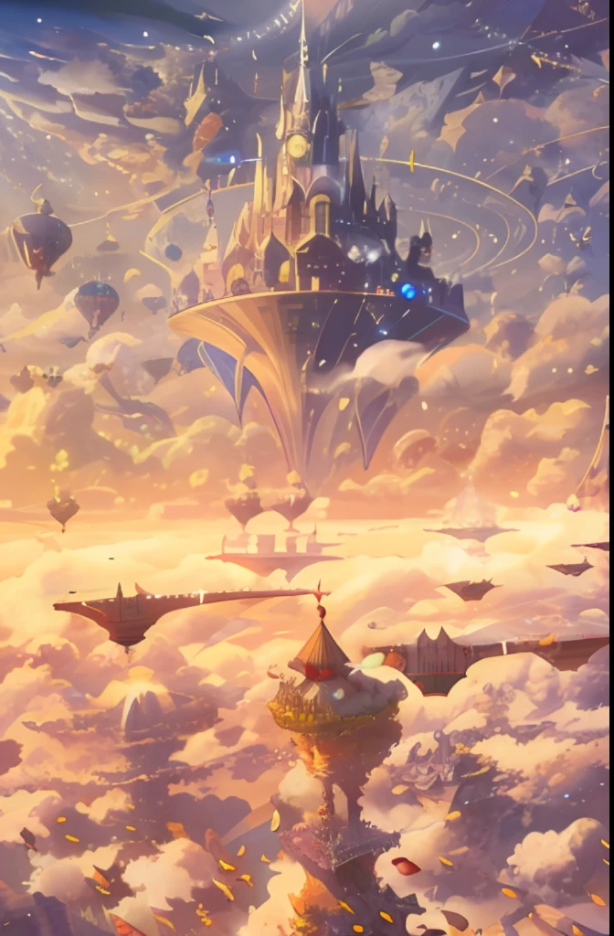 a drawing，A man sits on a rock in a cloud, A microcosm of a strange world，Crazy and grotesque，water fall，Yamakawa，The City of Magic，crazy detail，elegantly，Artistic gems and bee bee bee masterpieces，Art and Beeper height，jessica rossier fantasy art，Science-fi digital art illustration， epic fantasy sci fi illustration，author：Christopher Baraskas，High quality digital concept art，Movie beep code，Symmetrical concept art beautiful fantasy anime, magical dream-like atmosphere, Magical atmosphere + Masterpiece, Anime fantasy artwork, flying cloud castle, palace floating in the sky, floating city in the sky, floating lands in-clouds, anime fantasy illustration, an immense floating castle, Cloud Palace, dreamy psychedelic anime, wide angle fantasy art