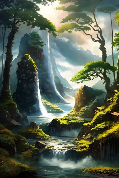 painting mountain landscape with waterfall, impressive fantasy landscape, fantasy art landscape, epic dream fantasy landscape, epic fantasy landscape, high fantasy landscape, fantasy matte painting, cute, fantasy landscape, fantasy landscape, fantasy lands...
