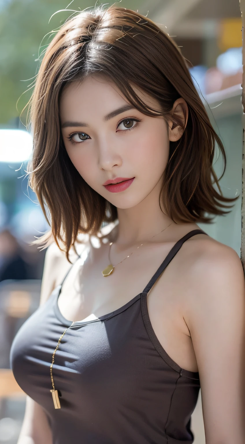 ((Realistic lighting、beste Quality、8K、Master Masterpiece:1.3))、Clear focus:1.2、a 1 girl、Perfect Body Beauty:1.4、Slim abs:1.1、s whole body、((darkbrown hair、a large breast:1.3))、(Acceleration:1.4)、(al fresco、Daylight:1.1)、View of Waikiki Beach、Palm Tree、Slender face、Fine eyes、Double eyelidd、poses of fashion models、Floating hair、T‐shirt、Pendants、