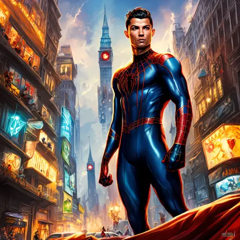 aranha - homem em um terno com uma aranha vermelha e azul, Estilo futurista Homem-Aranha, Cristiano Ronaldo como Miles Morales, ...
