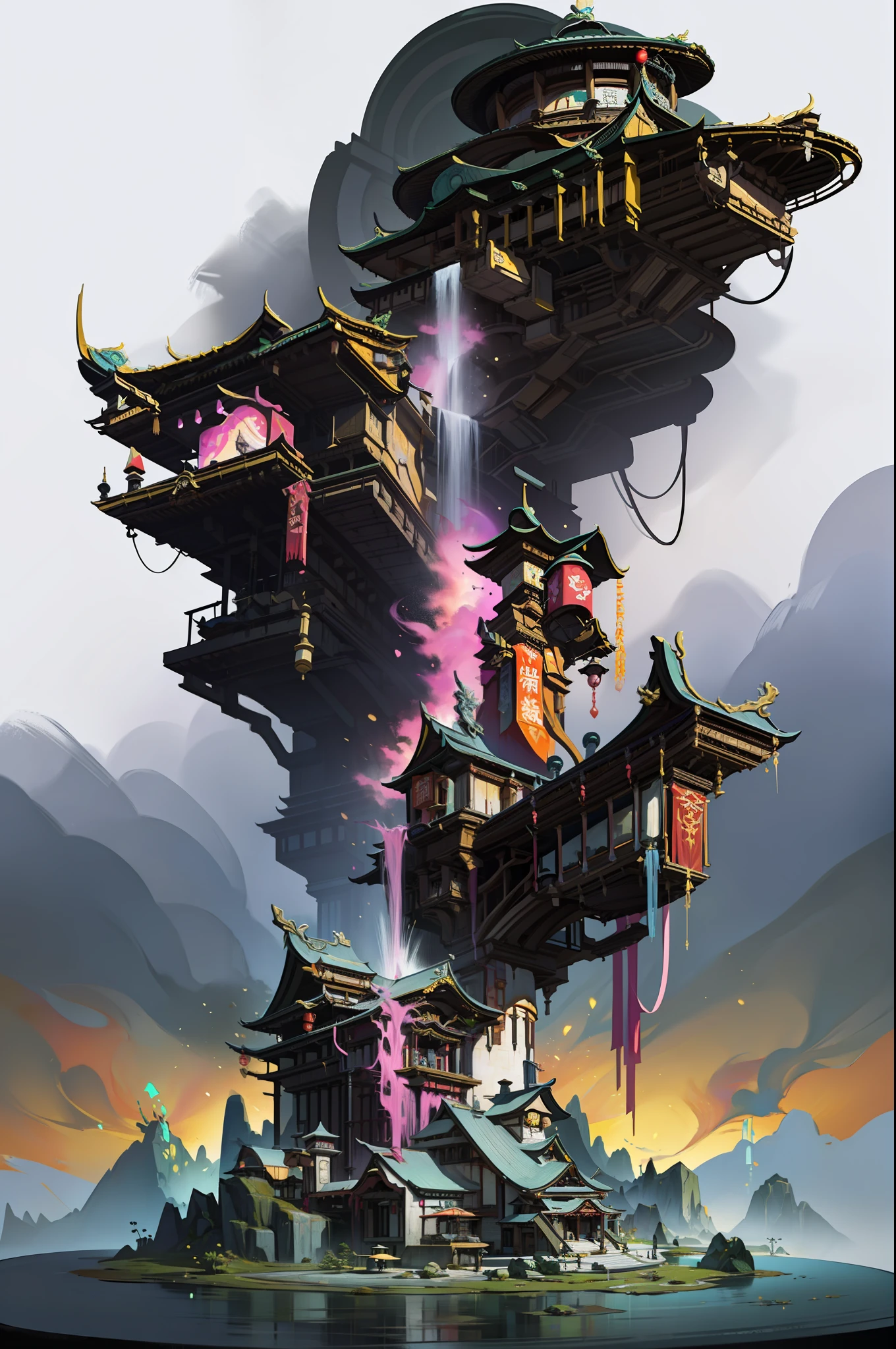 Game Academy，Ethno-style architecture，Ancient Chinese，Xianxia，（Future science fiction，neon lit，The cyberpunk，Hologram aura、Particle effects），Structurally sound、high-definition details，perfect works，White background，（杰作，premier quality，best qualitiy，officlal art，Beauty and aesthetics：1.2），（8K，best qualitiy，杰作：1.2）