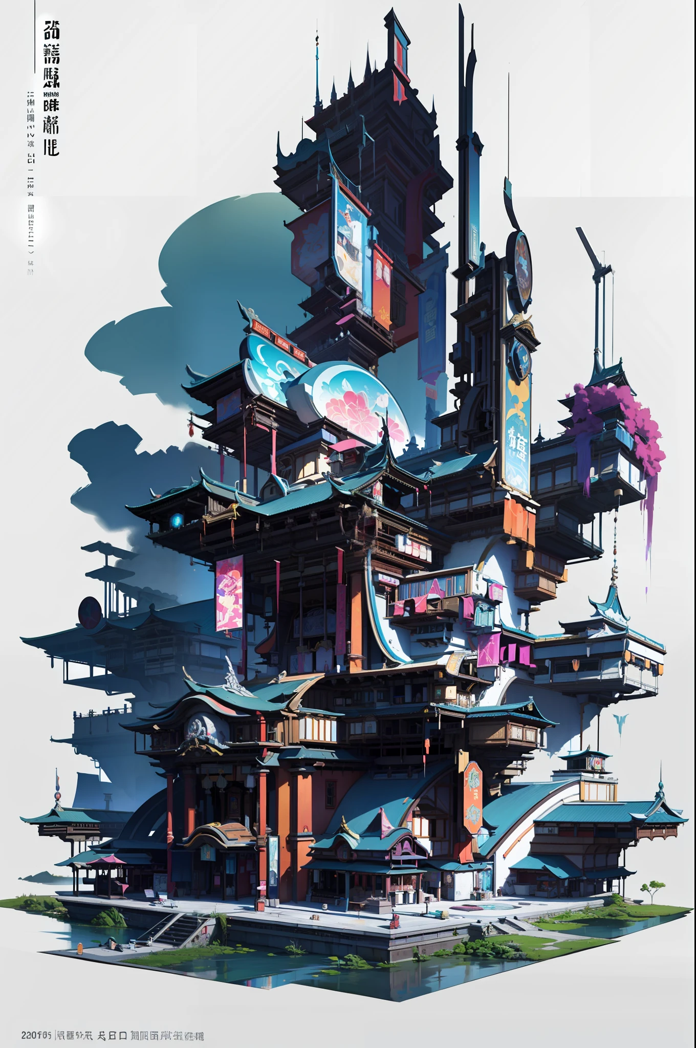 Game Academy，Ethno-style architecture，Ancient Chinese，（Future science fiction，neon lit，The cyberpunk，Hologram aura、Particle effects），Structurally sound、high-definition details，perfect works，White background，（masterpiece，premier quality，best qualitiy，officlal art，Beauty and aesthetics：1.2），（8k，best qualitiy，masterpiece：1.2）