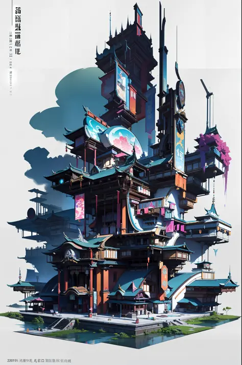 Game Academy，Ethno-style architecture，Ancient Chinese，（Future science fiction，neon lit，The cyberpunk，Hologram aura、Particle effe...