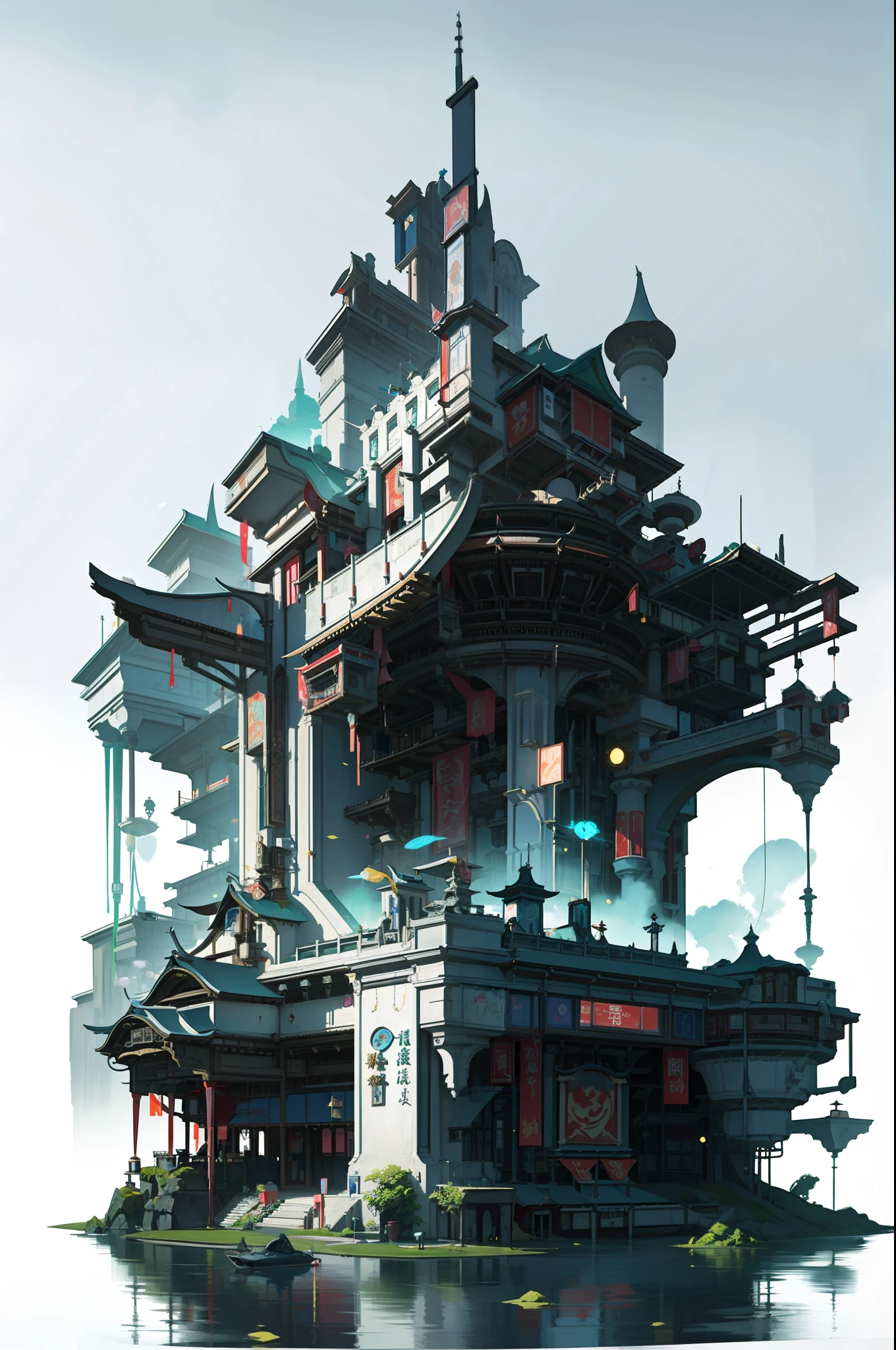 Game Academy，Ethno-style architecture，Ancient Chinese，（Future science fiction，neon lit，The cyberpunk，Hologram aura、Particle effects），Structurally sound、high-definition details，perfect works，White background，（masterpiece，premier quality，best qualitiy，officlal art，Beauty and aesthetics：1.2），（8k，best qualitiy，masterpiece：1.2）