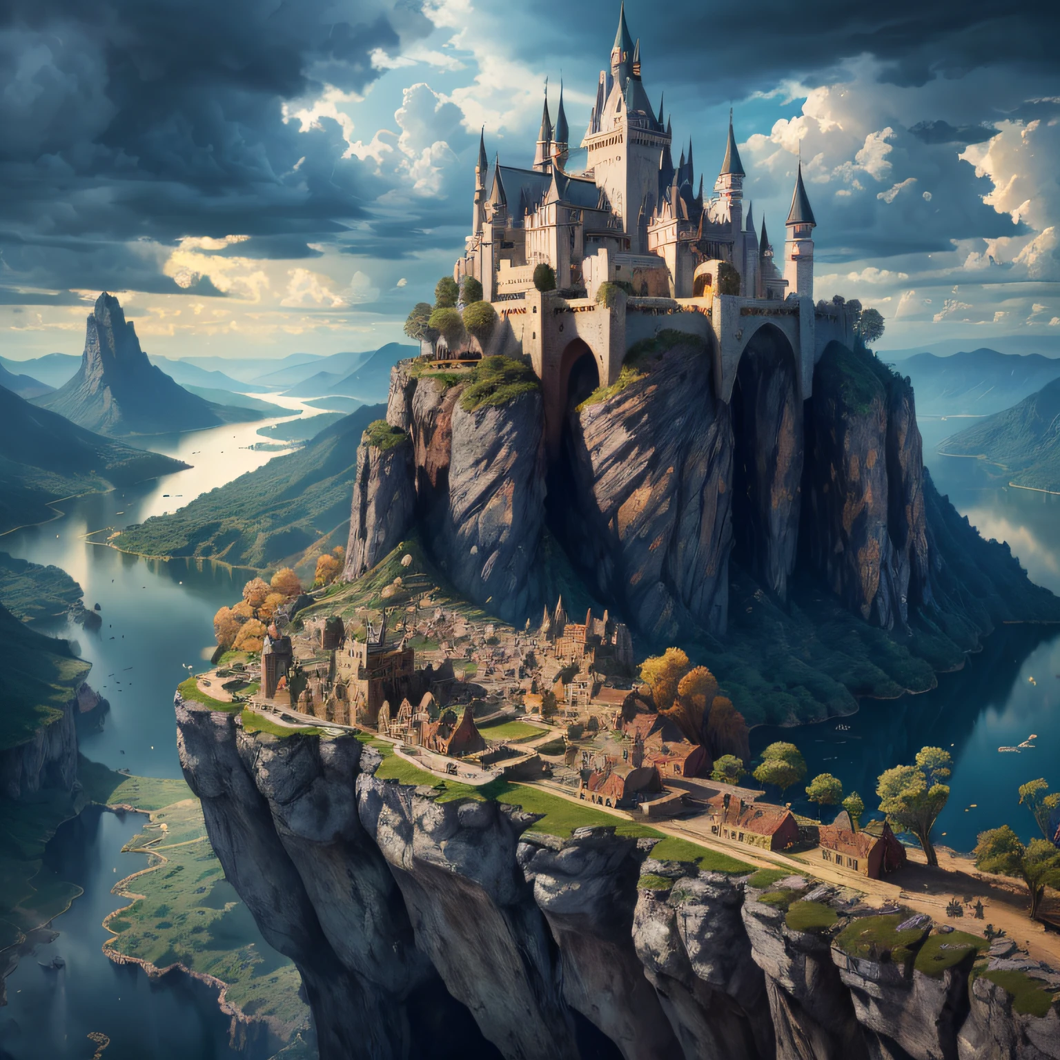 High resolution, super detailed, official art, unified 8k wallpaper, super detailed, beautiful and aesthetic, elven kingdom, castle built on a cliff, world tree, vines, thorns, dark, forest, lake, sky, clouds, magic, fantasy incredible, supersaturated, surreal, high resolution, artgerm, masterpiece, super detailed, epic composition, high quality, highest quality, 16k