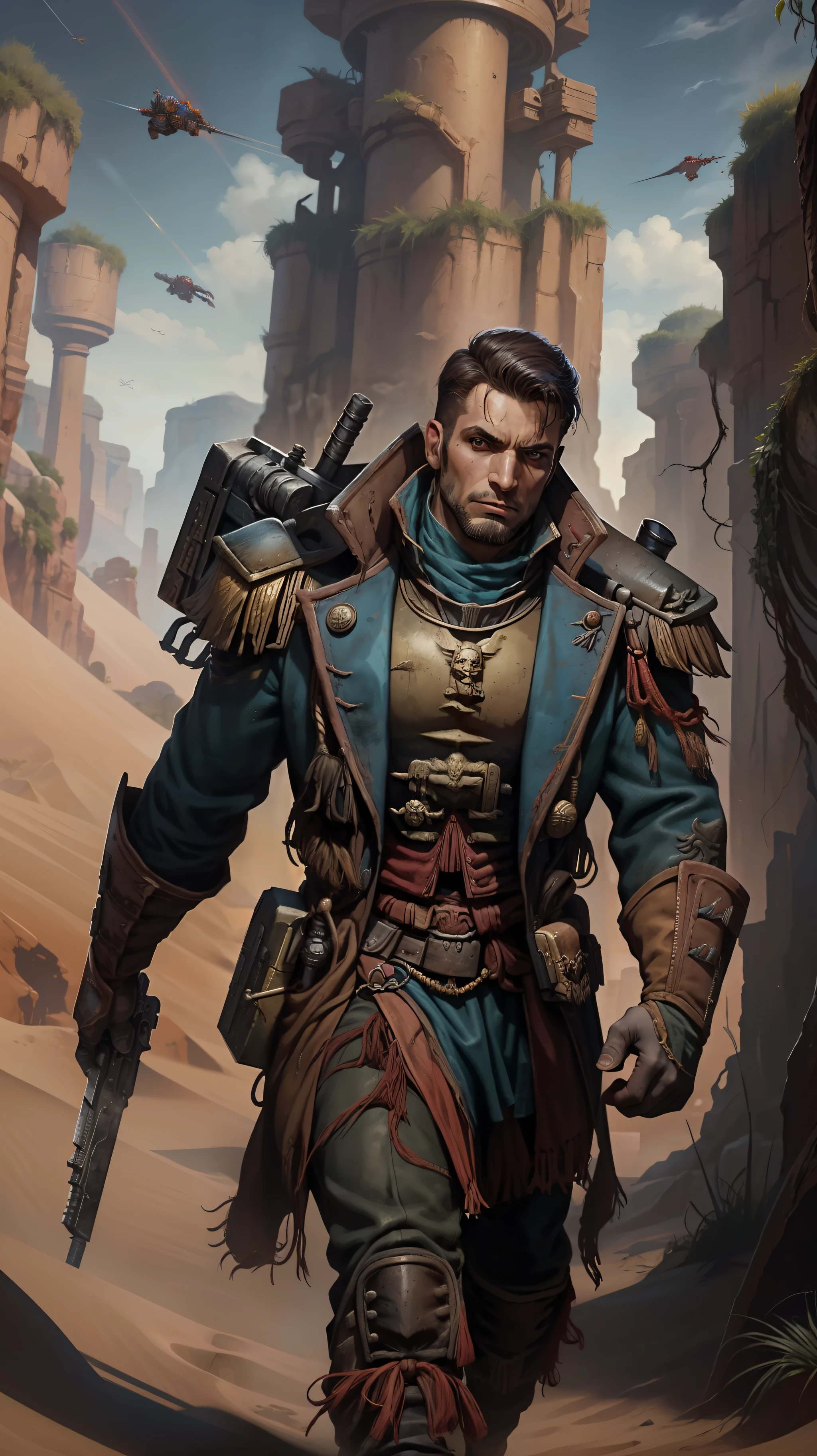 Warhammer 40k commissioner, homem, barba curta, cabelo preto, olhos claros, pose de batalha, com ((uma espingarda bolter)), roupa azul escuro, a scenario (desert planet).