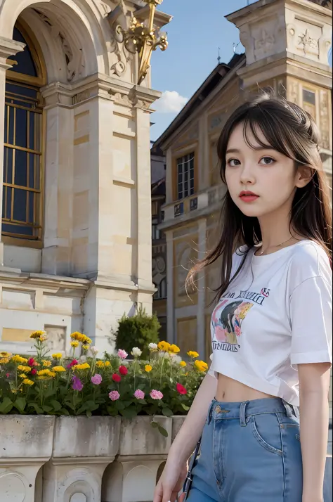 1girl,close-up,(Chateau de Versailles, Pisa Baptistery Of St. John background, Flowers,navel,crowd),night, t-shirt,, 8k, RAW pho...