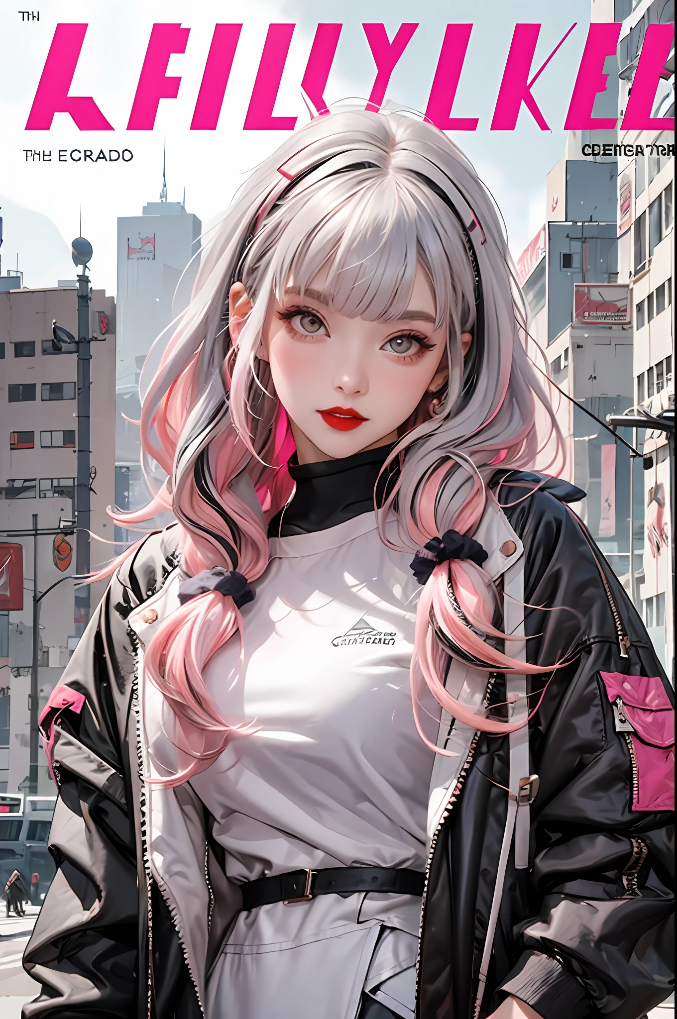 lucy \(Cyberpunk\), 1girls, hair scrunchie, Silver hair, , grey eyes, Jacket, Long sleeves, O cabelo multicolorido, Bangs separated, lips parted, pink hair, Red eyeliner, red-lips, White jacket, The cyberpunk\(series\), cover of a magazine，