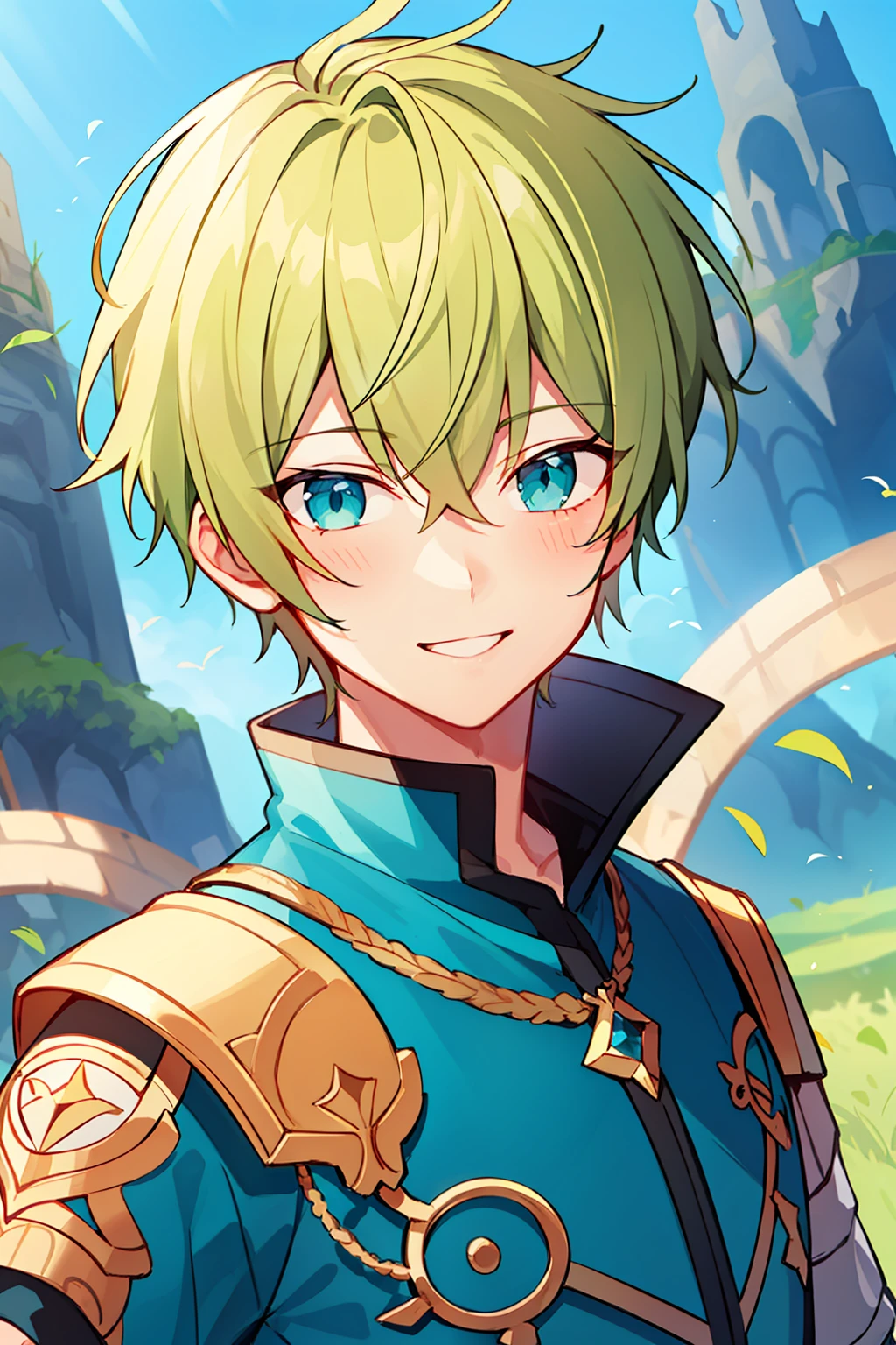 (high-quality, breathtaking),(expressive eyes, perfect face), 1boy, male, solo, short, young boy, short greenish blonde hair, teal eyes, smile, fantasy outfit, fantasy background