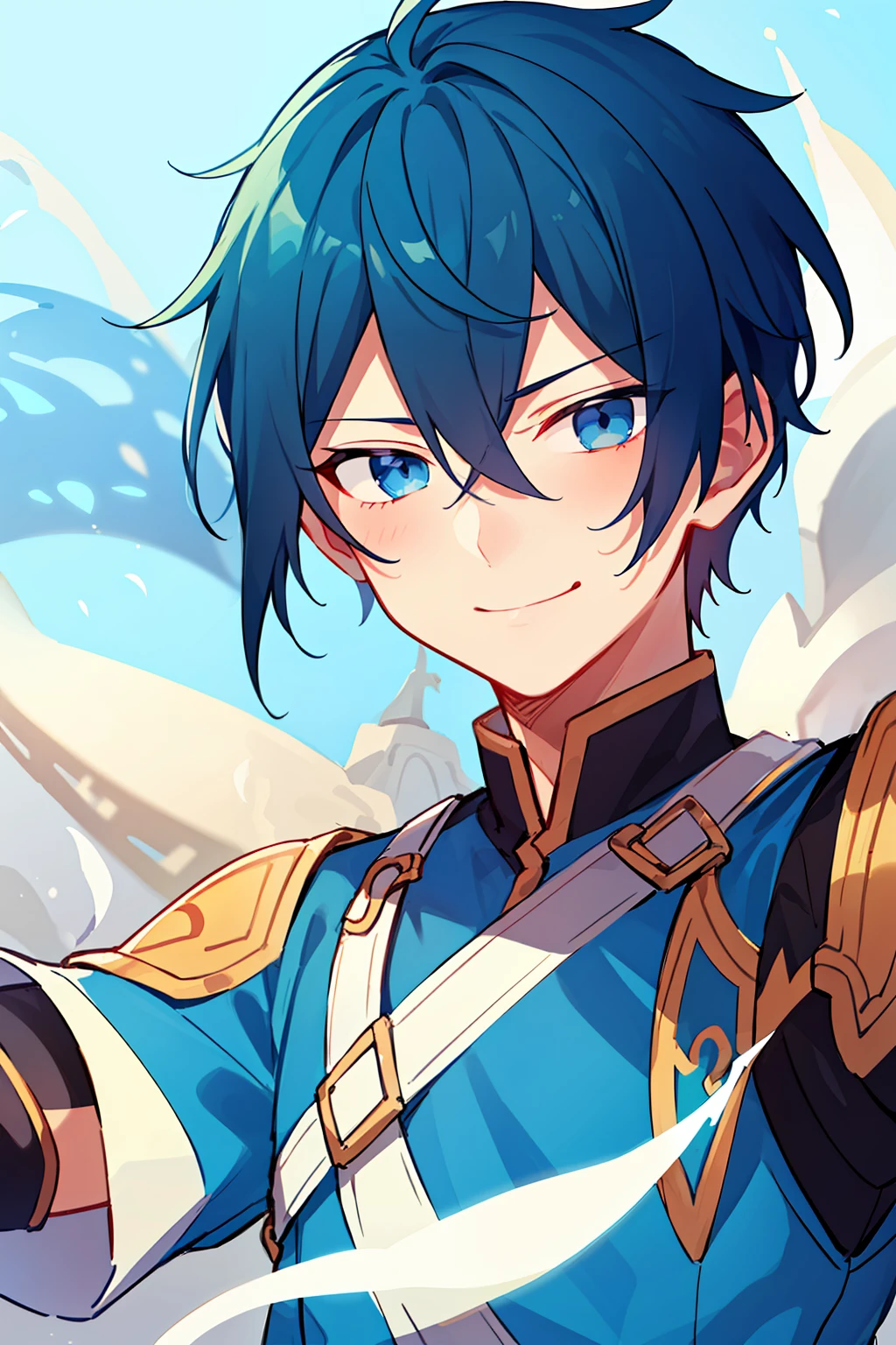 (high-quality, breathtaking),(expressive eyes, perfect face), 1boy, male, solo, short, young boy, dark blue hair with long side bangs, blue eyes, blue eyes, smirk, fantasy outfit, fantasy background