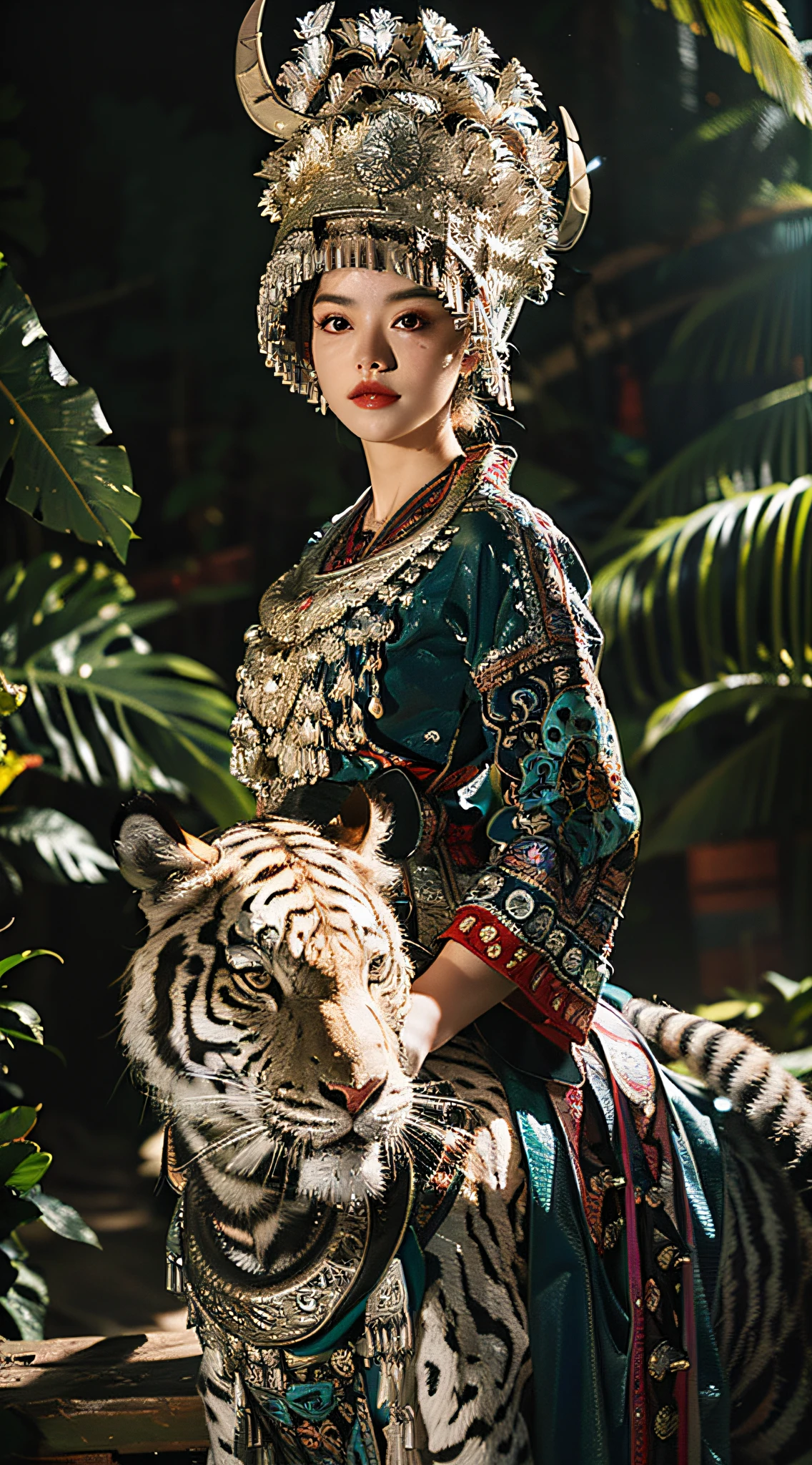 raw photo,ultra realistic,(masterpiece, 8k uhd, HDR, extremedetailed, intricate details, best quality, professional, vividcolors),

(1girl wearing costume and riding on a a white tiger inJungle),Reins,(Traditional headwear:1.2),

((Jungle scapel),looking at viewer,dutch angle,