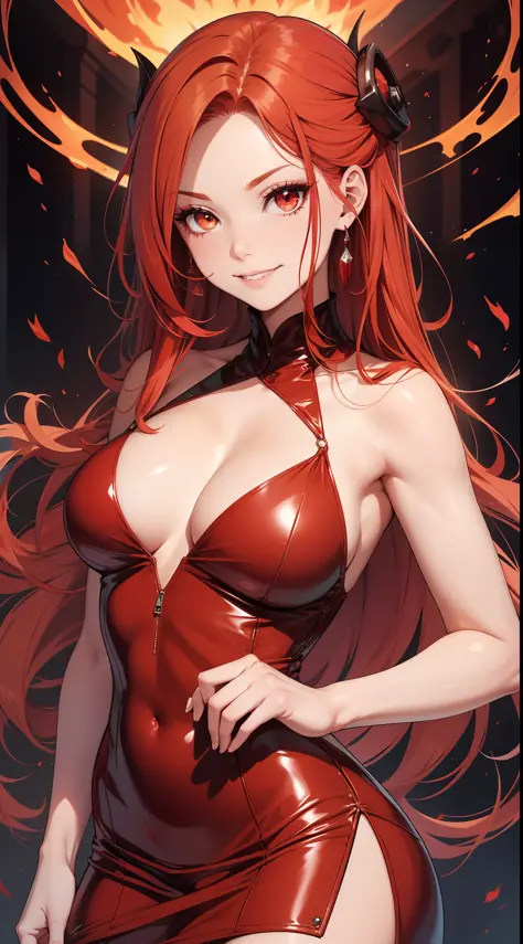 Adult woman, long bright red fiery hair, bright red fiery eyes, bright red fire dress, Tentacles made of magma, smirk, The Masterpiece, hig quality