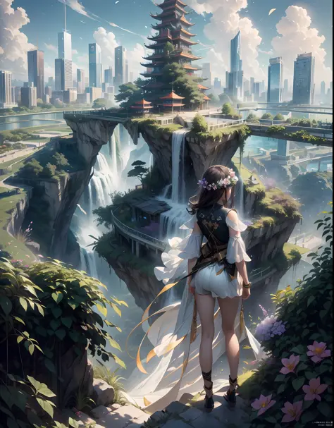 (Garden-like city below:1.4),(The high-rises of the future crisscross the sea:1.2),(Beautiful girl standing on the edge of the waterfall),(((巨作))),(((品质最佳))),((超细节的))((Extremely detailed CG)),((16k wallpaper))((An extremely delicate and beautiful)),{Photor...