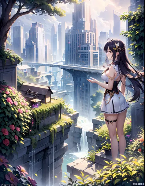 (Garden-like city below:1.4),(The high-rises of the future crisscross the sea:1.2),(Beautiful girl standing on the edge of the waterfall),(((巨作))),(((品质最佳))),((超细节的))((Extremely detailed CG)),((16k wallpaper))((An extremely delicate and beautiful)),{Photor...