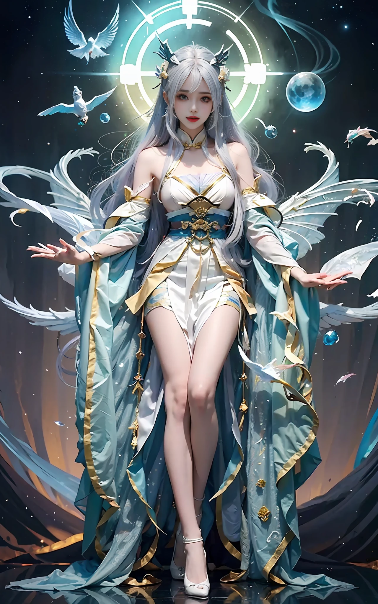 舞台上穿著戲服的女人的特寫, 全身仙俠, 美麗的天界法師, 令人驚嘆的年輕空靈身材, 美麗的幻想皇后, 星界女巫衣服, sha xi, 流動的魔法長袍, 白色漢服, xianxia fantasy, 貝爾黛芬, 空靈的幻想, 優雅迷人的cosplay, Heise Jinyao