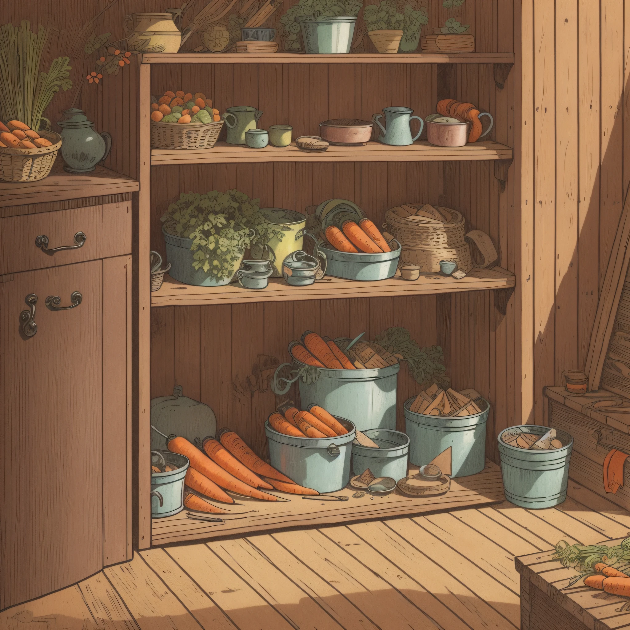 Picture book illustration、In the shed、There are no people、Carrots packed in wooden boxes、front on、Lateral face、Behind、Setting image、a Pretty、colored illustration、Composition materials、Colorful colors、18th century French clothing、