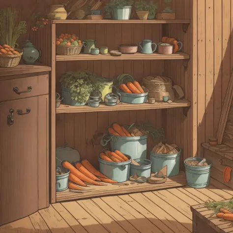 picture book illustration、in the shed、there are no people、carrots packed in wooden boxes、front on、lateral face、behind、setting im...