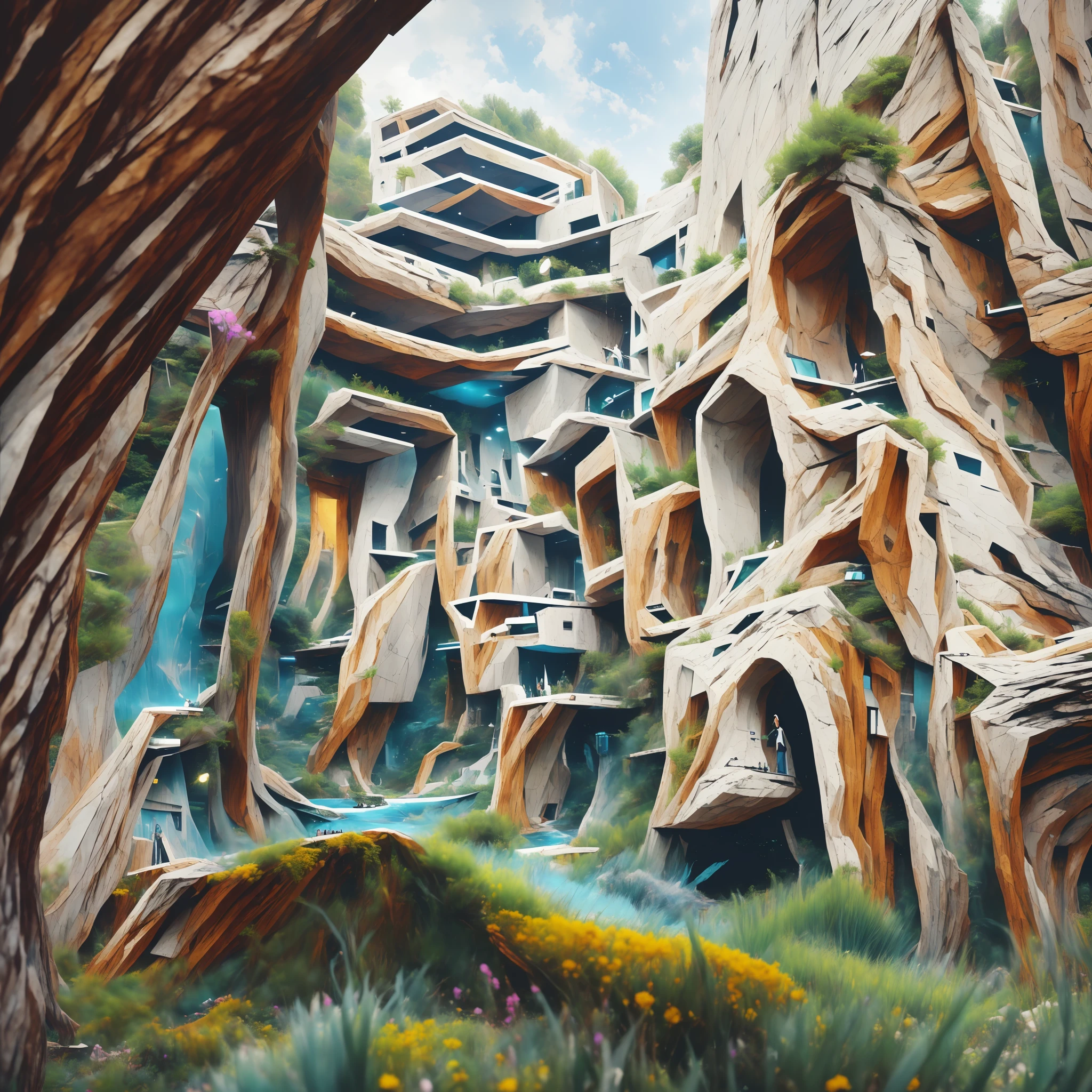 an awesome sunny cheerful day environment concept art of Futuristic design of cave architecture interiors concept art on grand Canyon caves nature architecture, proportional,detailed, cave architecture nature meets futuristic architecture on a rainforest jungle cliff with huge waterfalls,Crepuscular rays, nature meets modern architecture in the style of Aries Moross, Rem Koolhaas,Daniel Libeskind, Jean Nouvel, Paolo Soleri,Toyo Ito and Philip Johnson with Dry brush drawing style ,Chiaroscuro village,cliff side residential area, mixed development,nature architecture,bright colors,high rise made up staircases, balconies, full of glass facades,carved from rocks, masterpiece, proportional, detailed, trending on artstation, beautiful lighting, realistic, intricate