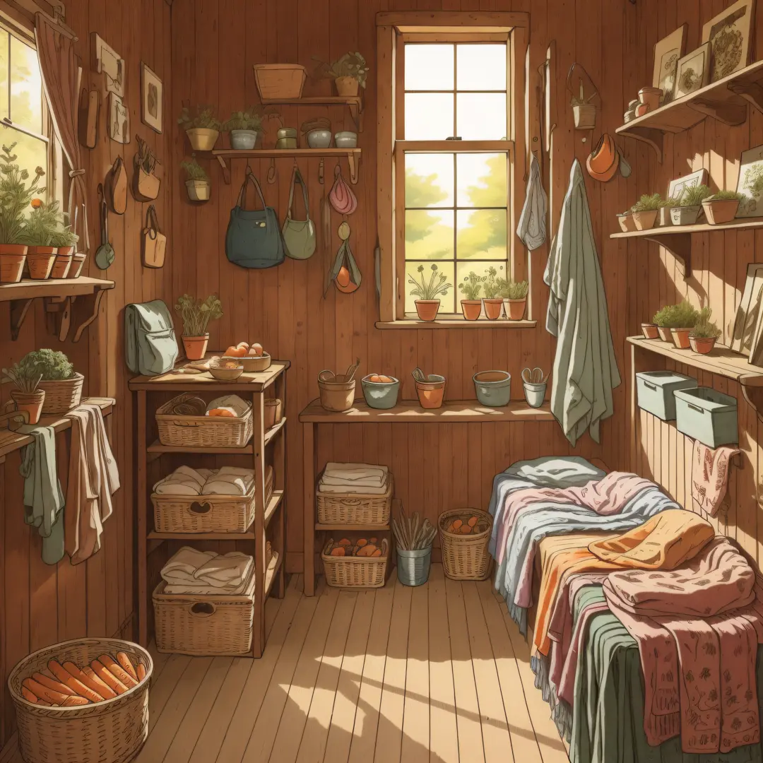 Picture book illustration、In the shed、There are no people、Carrots packed in wooden boxes、front on、Lateral face、Behind、Setting image、a Pretty、colored illustration、Composition materials、Colorful colors、18th century French clothing、