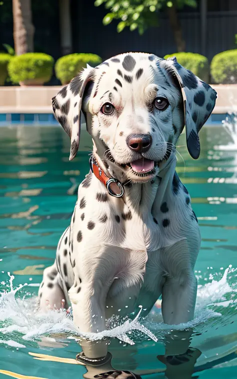 hyper Quality,Cute two Dalmatian puppies,different body colors,swimming in the pool,laugh,black eyes,barking,narrow eyes,smile,e...