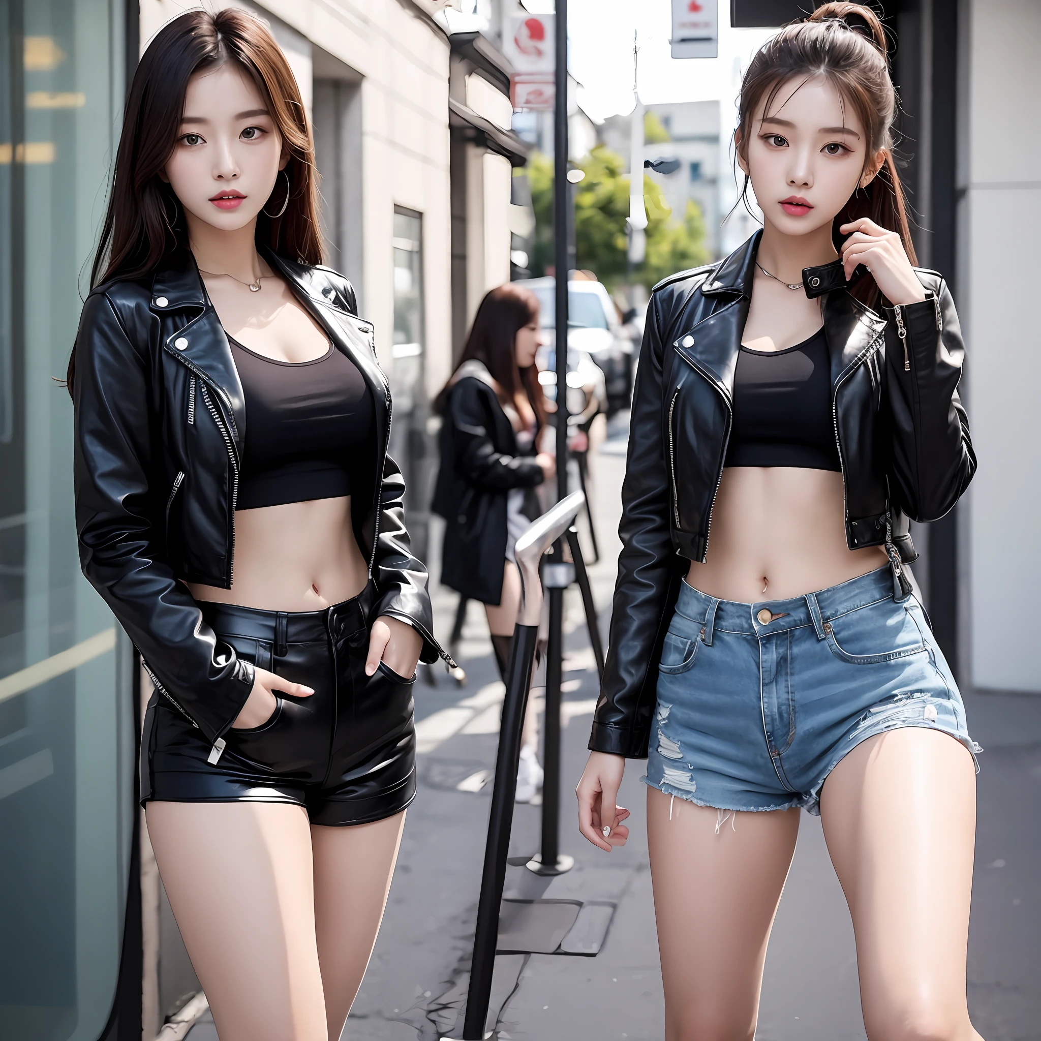 Two women in leather jackets and shorts are posing for a picture - SeaArt AI