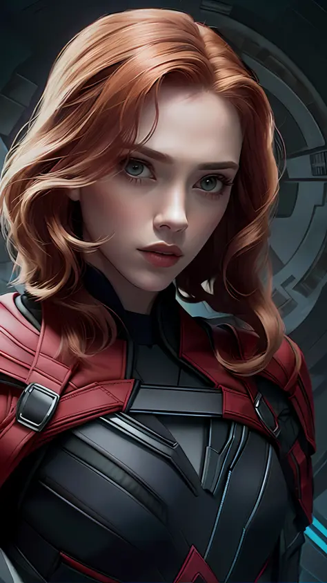 Scarlett jogando, Black Widow, rosto serio, olhando pra frente,