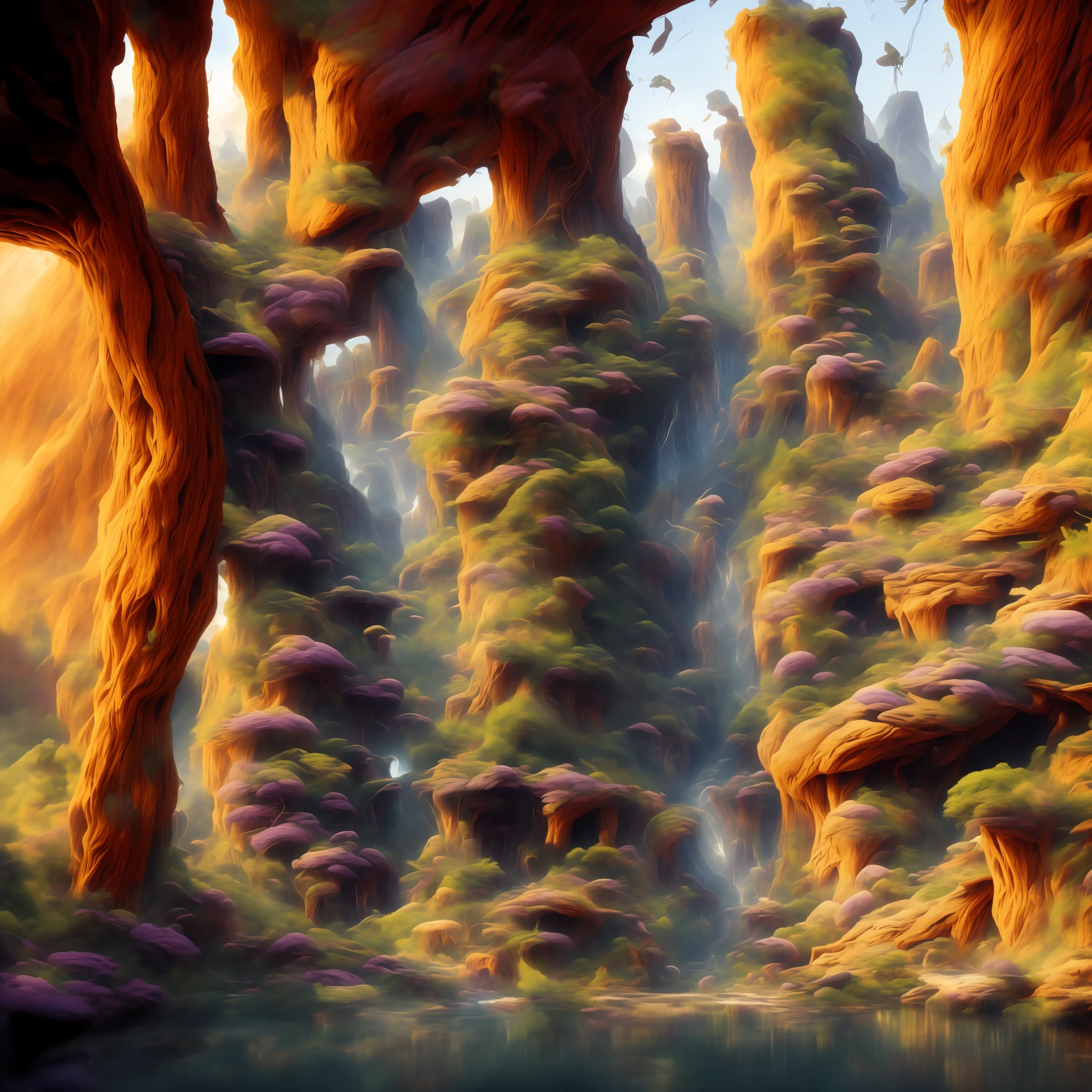 an awesome sunny cheerful day environment concept art of Futuristic design of cave architecture interiors concept art on grand Canyon caves nature architecture, proportional,detailed, cave architecture nature meets futuristic architecture on a rainforest jungle cliff with huge waterfalls,Crepuscular rays, nature meets modern architecture in the style of Aries Moross, Rem Koolhaas,Daniel Libeskind, Jean Nouvel, Paolo Soleri,Toyo Ito and Philip Johnson with Dry brush drawing style ,Chiaroscuro village,cliff side residential area, mixed development,nature architecture,bright colors,high rise made up staircases, balconies, full of glass facades,carved from rocks, masterpiece, proportional, detailed, trending on artstation, beautiful lighting, realistic, intricate