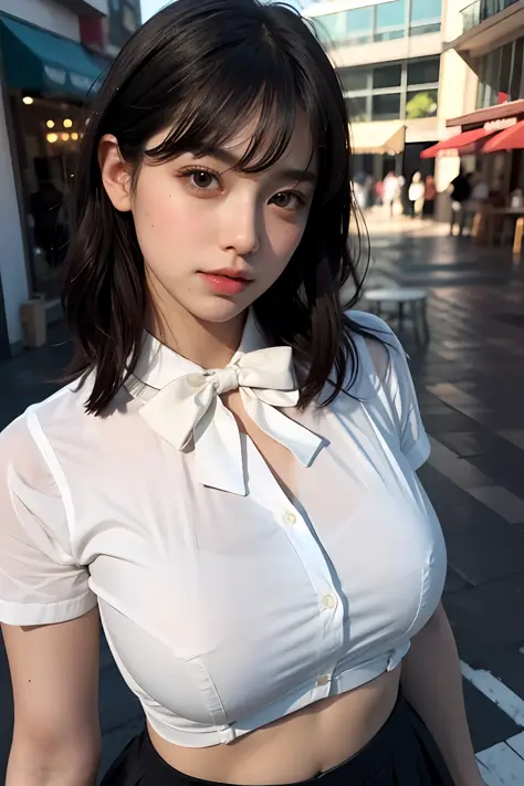 (Raw photography、beste Quality)、(Realstic、photorealestic:1.2)、Close-up portrait photography、a 1 girl、Rooftop café in a shopping mall、out door、Cool face、(high-detail skin:1.4)、Gorgeous hair、Air bangs、Brown black hair、White sheer shirt and bow tie、bright red...