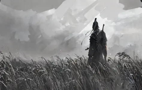 arafed man standing in a field of tall grass with a sword, author：Sun Kehong, inspired by Jakub Rozalski, style of jakub rozalsk...