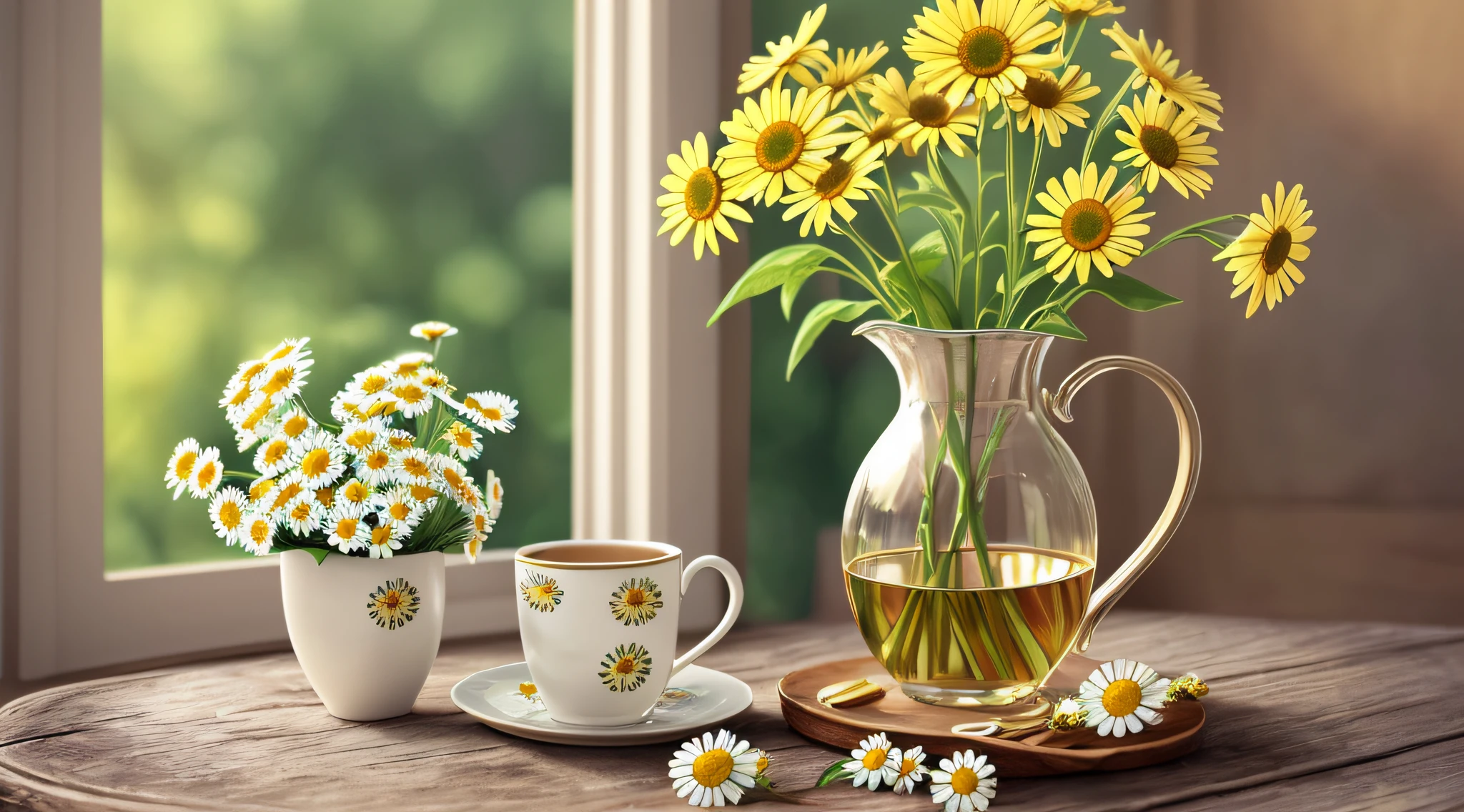 there is a cup of daisies on a wooden table, canvas print, in the morning, morning time, vase with flowers, chamomile, flowers background, cheerful atmosphere, early morning mood, flowers in background, cozy cafe background, beautiful flowers, early morning, bloom and flowers in background, springtime morning, awesome greate composition, highly detailed composition, photoreal render