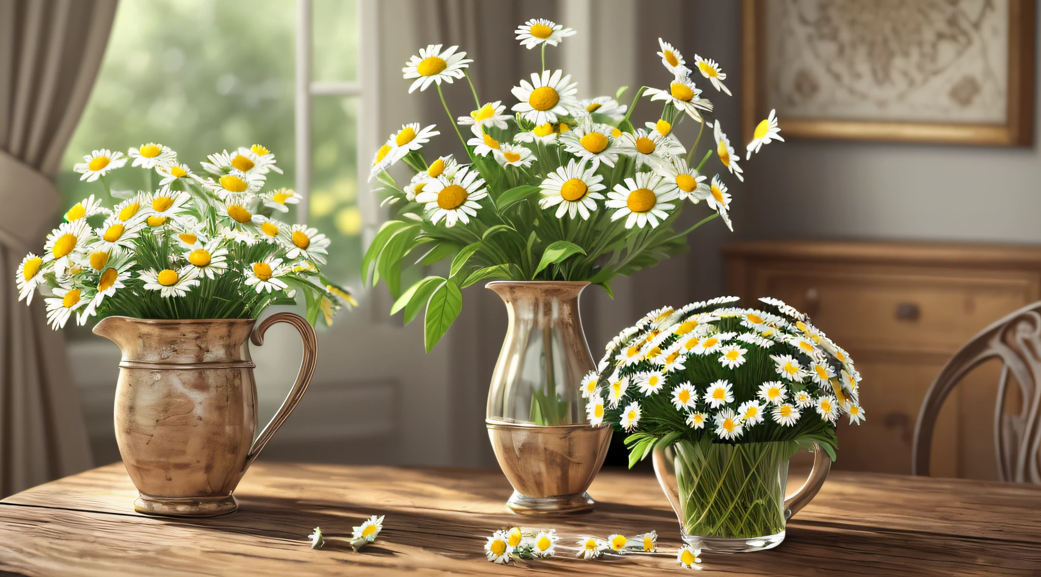 there is a cup of daisies on a wooden table, canvas print, in the morning, morning time, vase with flowers, chamomile, flowers background, cheerful atmosphere, early morning mood, flowers in background, cozy cafe background, beautiful flowers, early morning, bloom and flowers in background, springtime morning, awesome greate composition, highly detailed composition, photoreal render