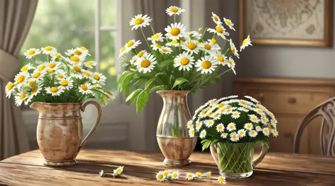 there is a cup of daisies on a wooden table, canvas print, in the morning, morning time, vase with flowers, chamomile, flowers b...