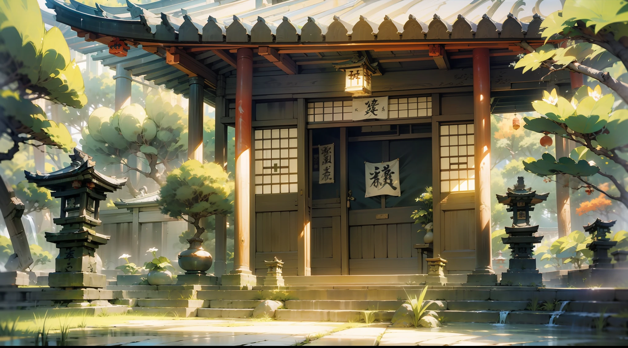 Japanese anime scene design，Ancient shrines，abundant detail，Ancient Japanese Showa style，Quiet and elegant atmosphere，Delicate and soft painting style，Cinematic lighting effects，HD picture quality，abundant detail，32K，Very perfect and unified 8K HD wallpaper，OC rendering sculpture