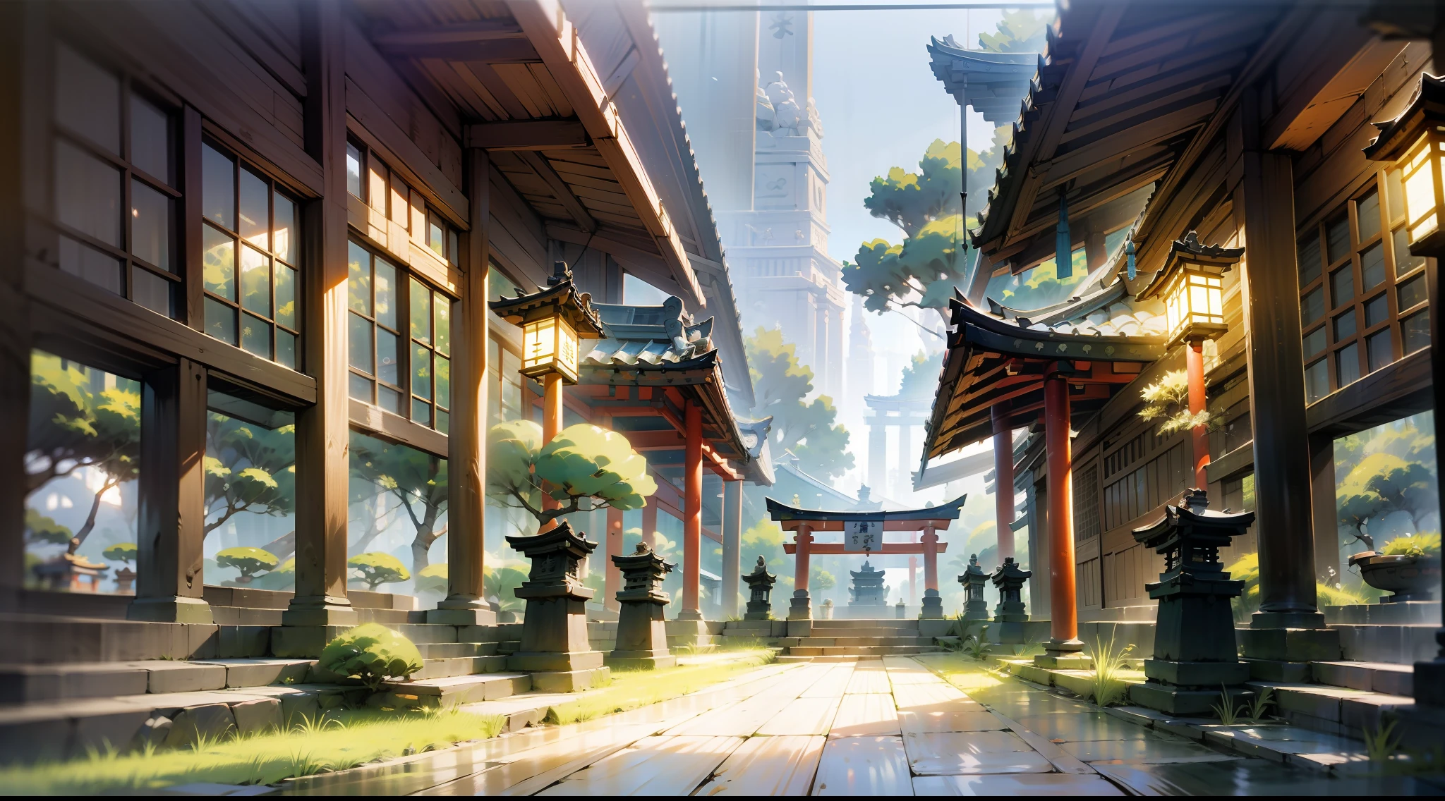 Japanese anime scene design，Ancient shrines，abundant detail，Ancient Japanese Showa style，Quiet and elegant atmosphere，Delicate and soft painting style，Cinematic lighting effects，HD picture quality，abundant detail，32K，Very perfect and unified 8K HD wallpaper，OC rendering sculpture