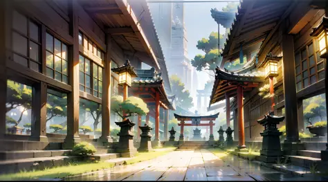 Japanese anime scene design，Ancient shrines，abundant detail，Ancient Japanese Showa style，Quiet and elegant atmosphere，Delicate and soft painting style，Cinematic lighting effects，HD picture quality，abundant detail，32K，Very perfect and unified 8K HD wallpape...