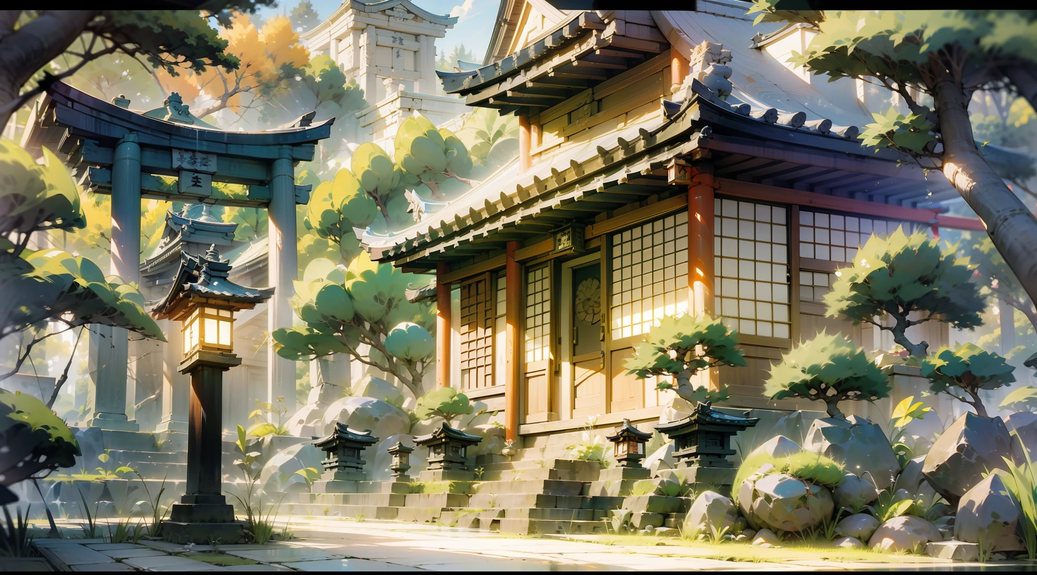 Diseño de escena de anime japonés.，Santuarios antiguos，abundante detalle，Estilo japonés antiguo Showa，Ambiente tranquilo y elegante.，estilo de pintura delicado y suave，Efectos de iluminación cinematográficos.，Calidad de imagen HD，abundante detalle，32k，Fondo de pantalla HD 8K muy perfecto y unificado.，Escultura de renderizado OC