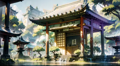 Japanese anime scene design，Ancient shrines，Ancient Japanese Showa style，Quiet and elegant atmosphere，Delicate and soft painting style，Cinematic lighting effects，HD picture quality，abundant detail，32K，Very perfect and unified 8K HD wallpaper，OC rendering s...