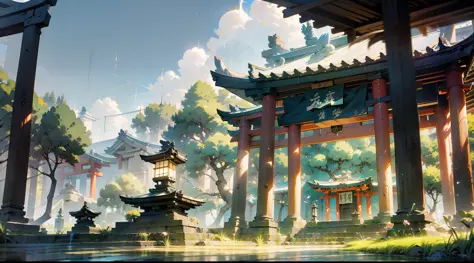 Japanese anime scene design，Ancient shrines，Quiet and elegant atmosphere，Delicate and soft painting style，Cinematic lighting effects，HD picture quality，abundant detail，32K，Very perfect and unified 8K HD wallpaper，OC rendering sculpture