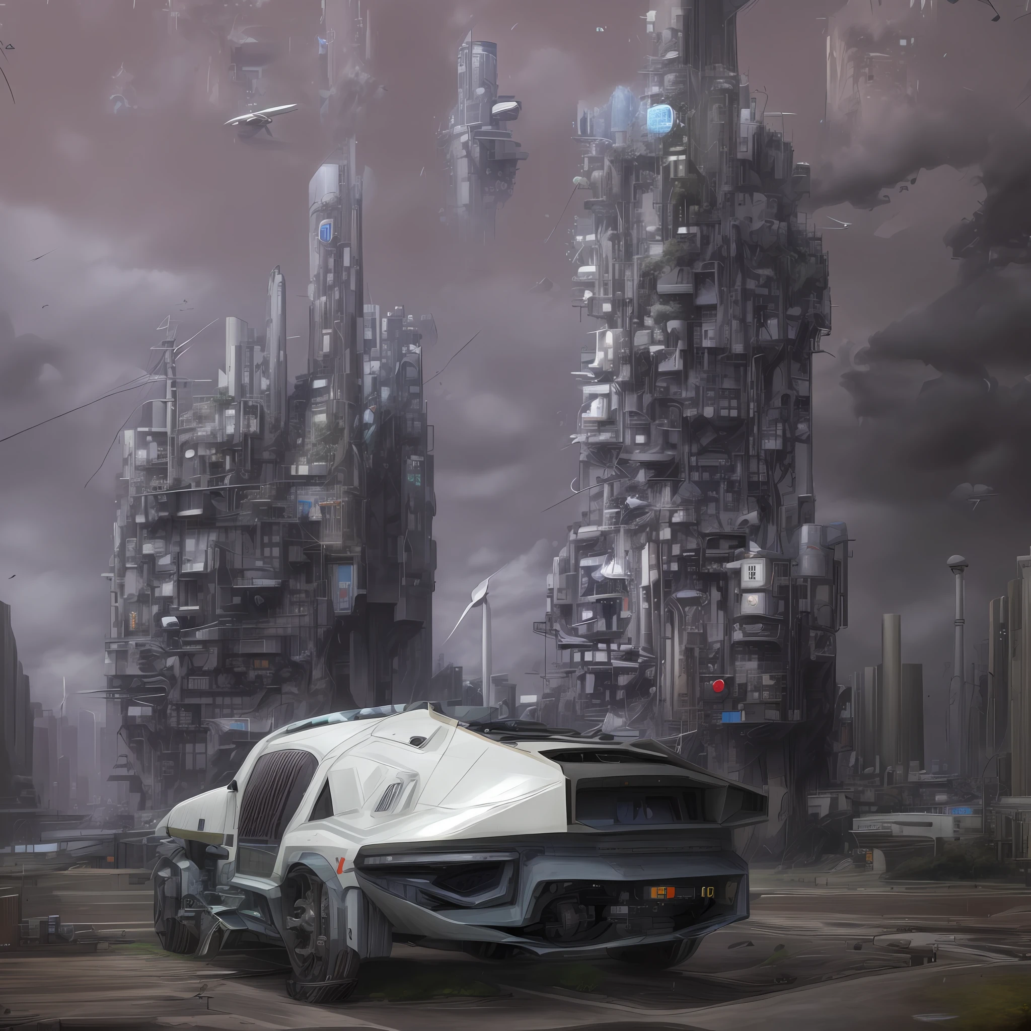 "未來科幻車輛, 將風力渦輪機整合到您的天窗中, 在反烏托邦科幻城市".