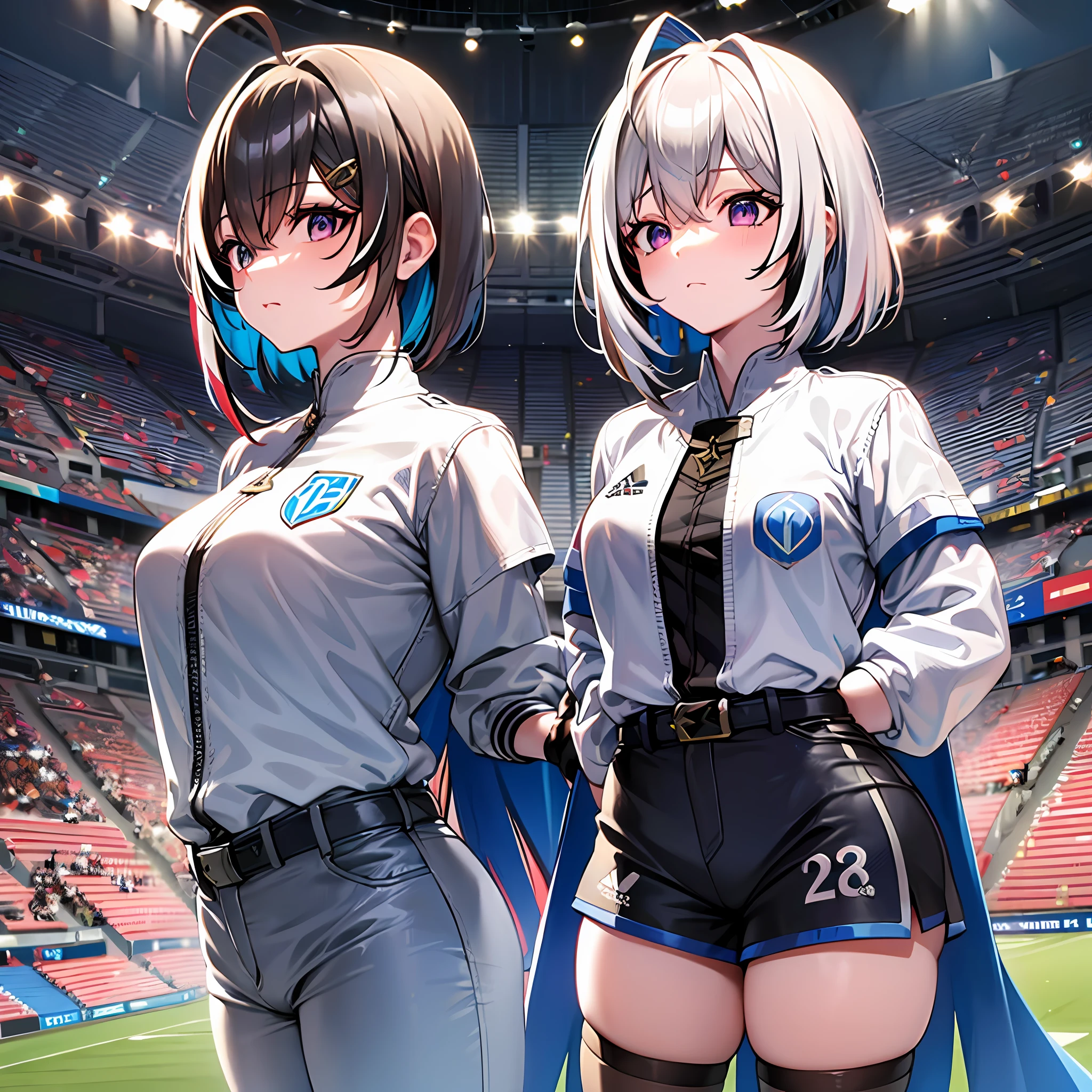 2d, masterpiece, best quality, anime, highly detailed face, highly detailed eyes, highly detailed background, perfect lighting, full body, 1 girl, nanashi mumei, wearing River Plate football club uniform, red vertical striped jersey and white shorts, white shorts and white socks,The shirt features equal-sized vertical stripes in red and white, alternating across the front and back, with the club crest located at the center of the chest.The shorts are white and the stockings are also white, without any additional detail or design), 2d, masterpiece, best quality, anime, highly detailed face, highly detailed eyes, highly detailed background, perfect lighting, full body, 1 girl, Amane Kanata , multicolored hair, asymmetrical hair, single hair, purple eyes, bracelet, short hair, blue hair, gray hair, socks, long sleeves, gray jacket, bob cut, long hair, bangs, ruffles, wide sleeves, white wings, with The football club uniform (SSC Napoli, a dark blue shirt, white shorts and blue socks, The shirt presents a simple design made in dark blue, with the club's crest located in the center of the chest. The shorts are white and the socks are blue, with a white detail on top), both in the center of the stadium (Mâs Monumental Stadium), looking at each other, with a serious and murderous expression. gaze, as she respectfully shakes hands, full distance view, 4k, 8k, hyper realistic, ultra detailed, illustration, high contrast
