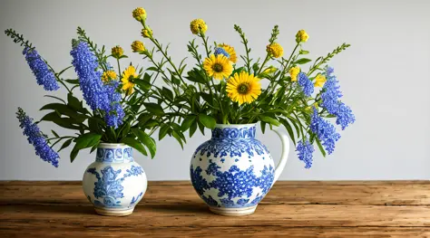 still life, wild flowers in blue and white and yellow, one vintage white conical chipped ceramic vase, on a wooden table,